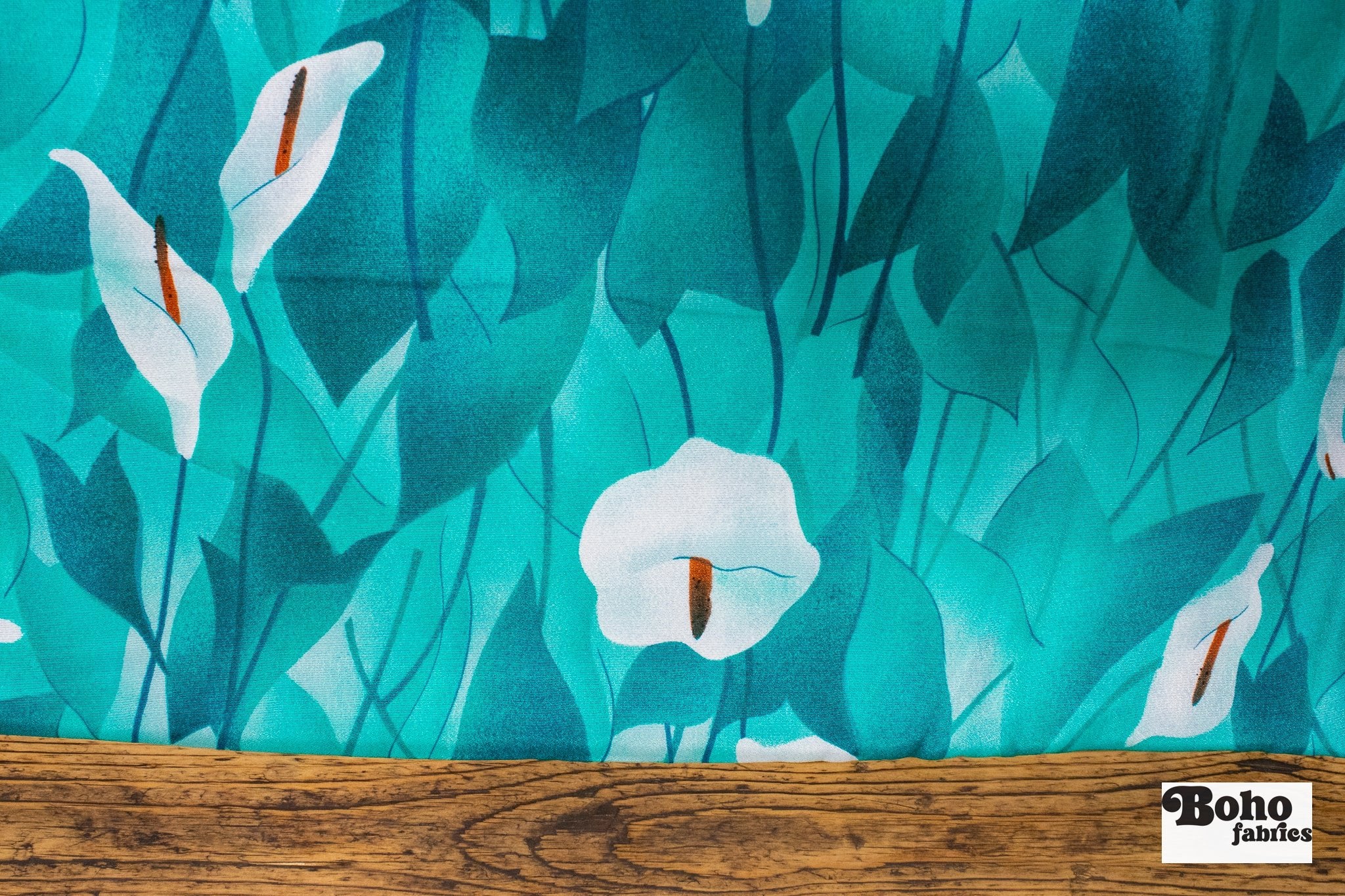 Calla Lillies on Turquoise, Vintage Woven Fabric. SOLD AS 1.5 YARD PIECE - Boho Fabrics - Vintage Fabric