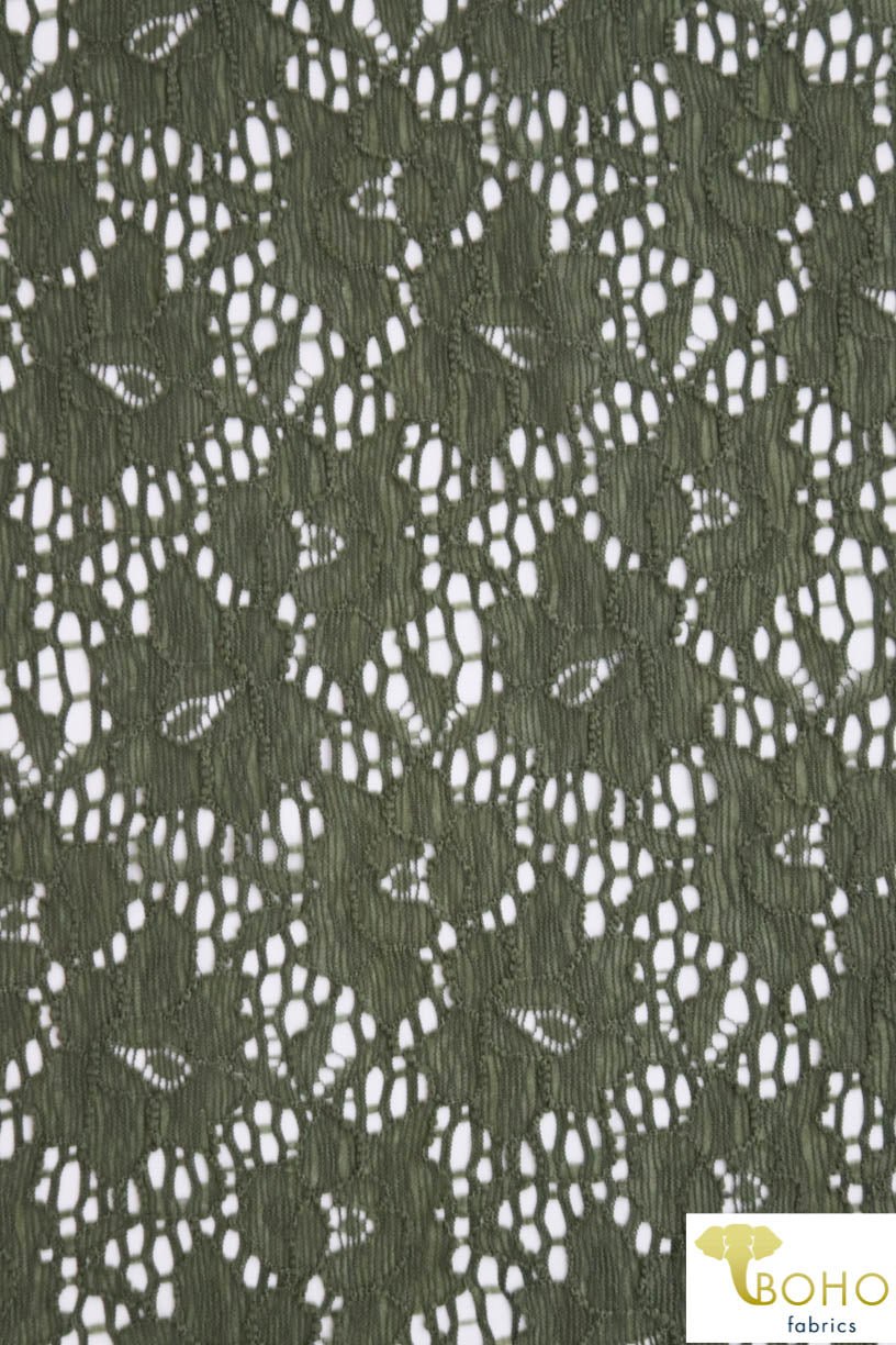 Camouflage Florals in Olive Green. Stretch Lace. SL-115. - Boho Fabrics