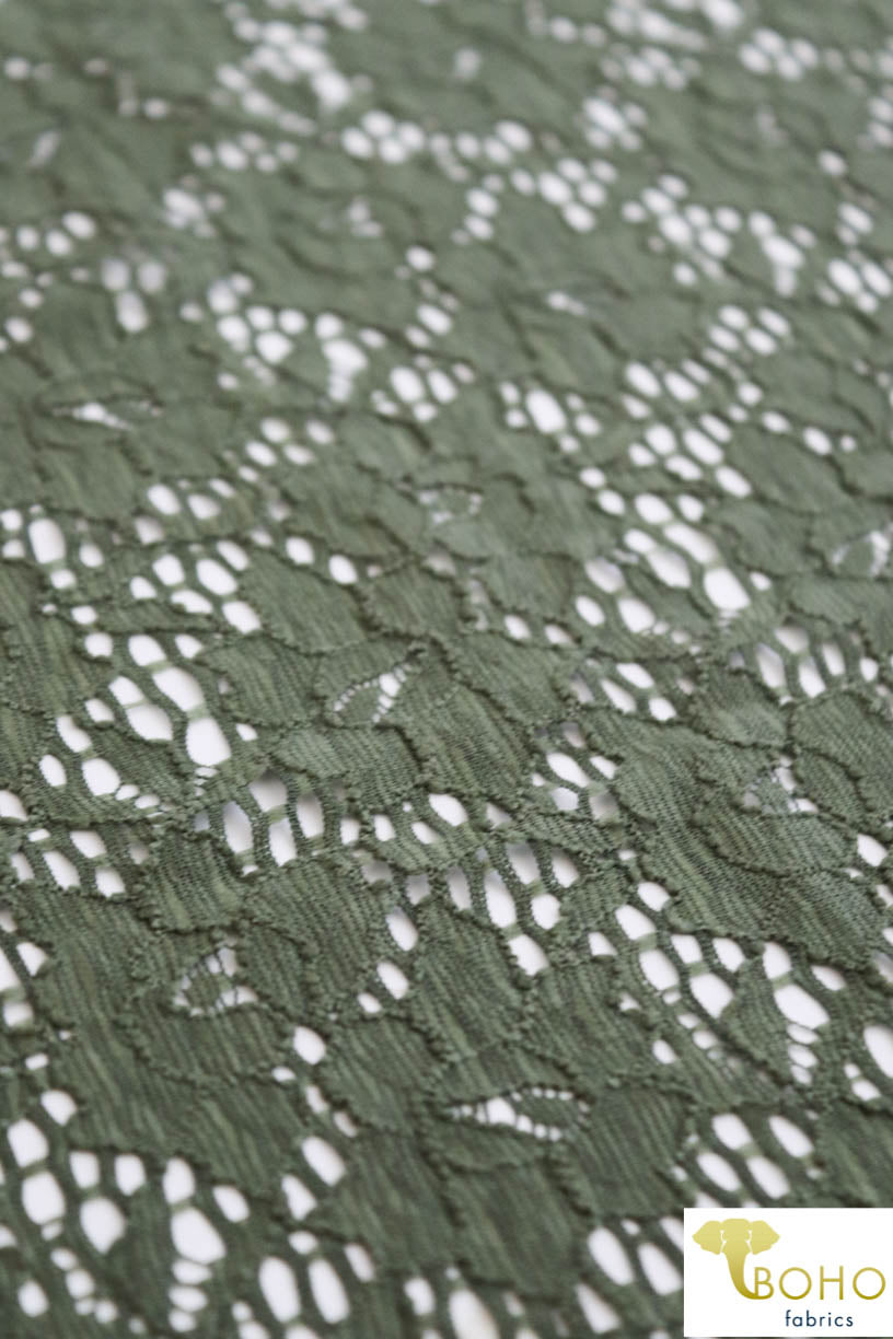Camouflage Florals in Olive Green. Stretch Lace. SL-115. - Boho Fabrics