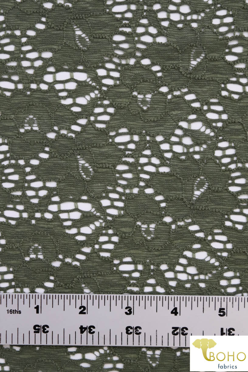 Camouflage Florals in Olive Green. Stretch Lace. SL-115. - Boho Fabrics