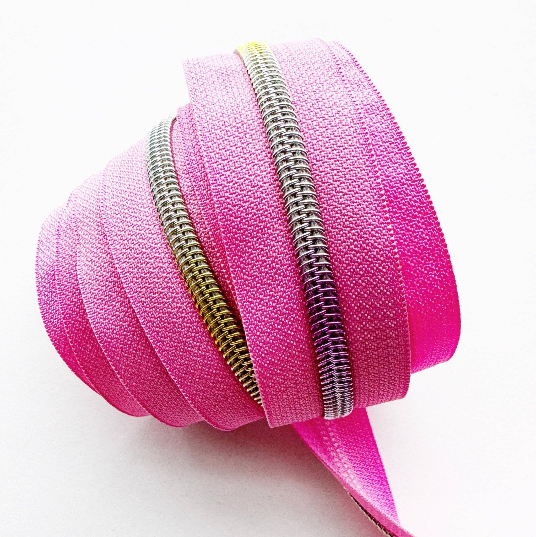 Candy Pink Zipper Tape 5 Rainbow Teeth - 3 Yards Nylon - Boho Fabrics - Zippers