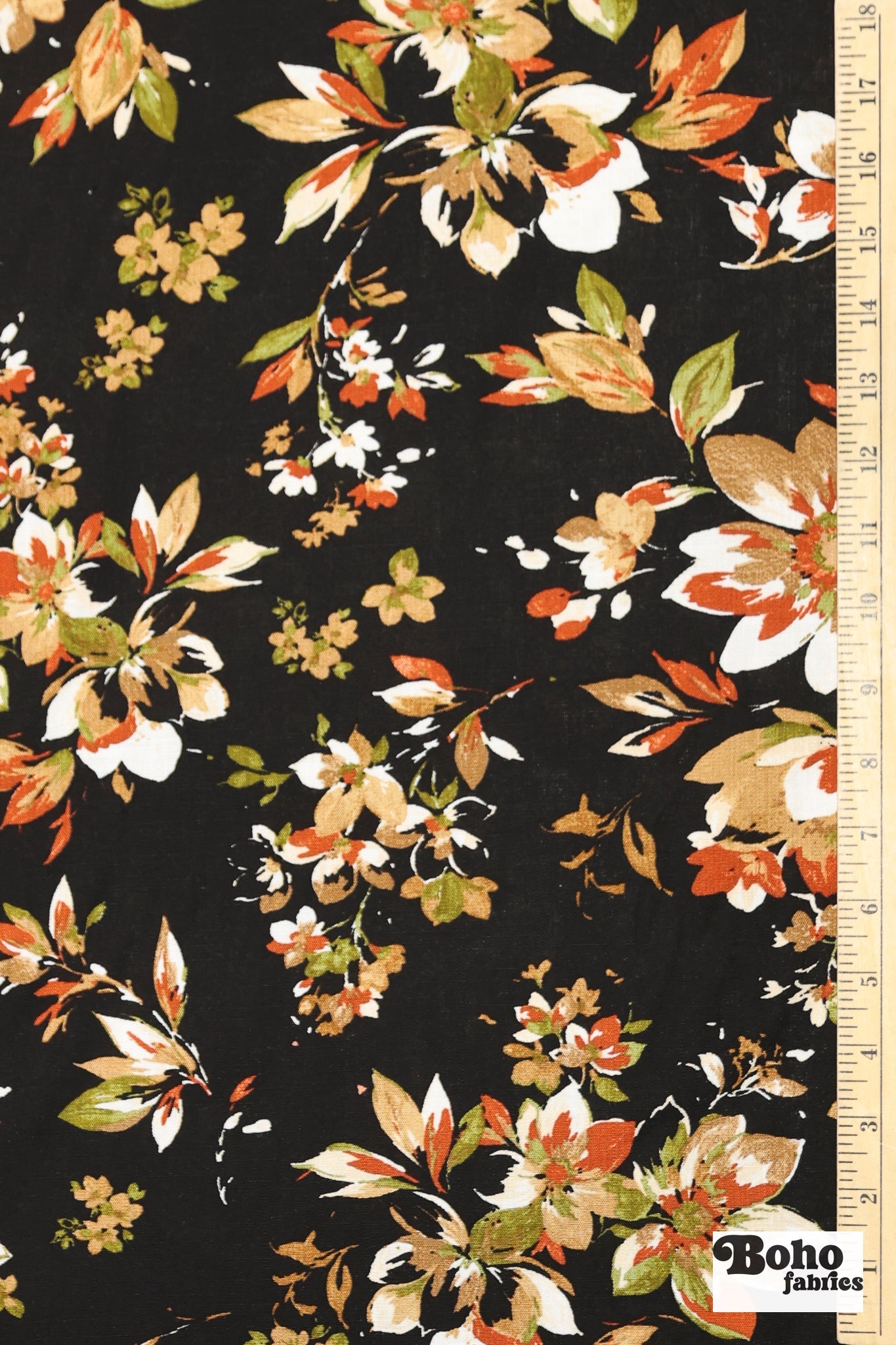 Canyon Garden in Black. Rayon Slub Stretch Woven Fabric - Linen Look. - Boho Fabrics - Stretch Woven Fabric