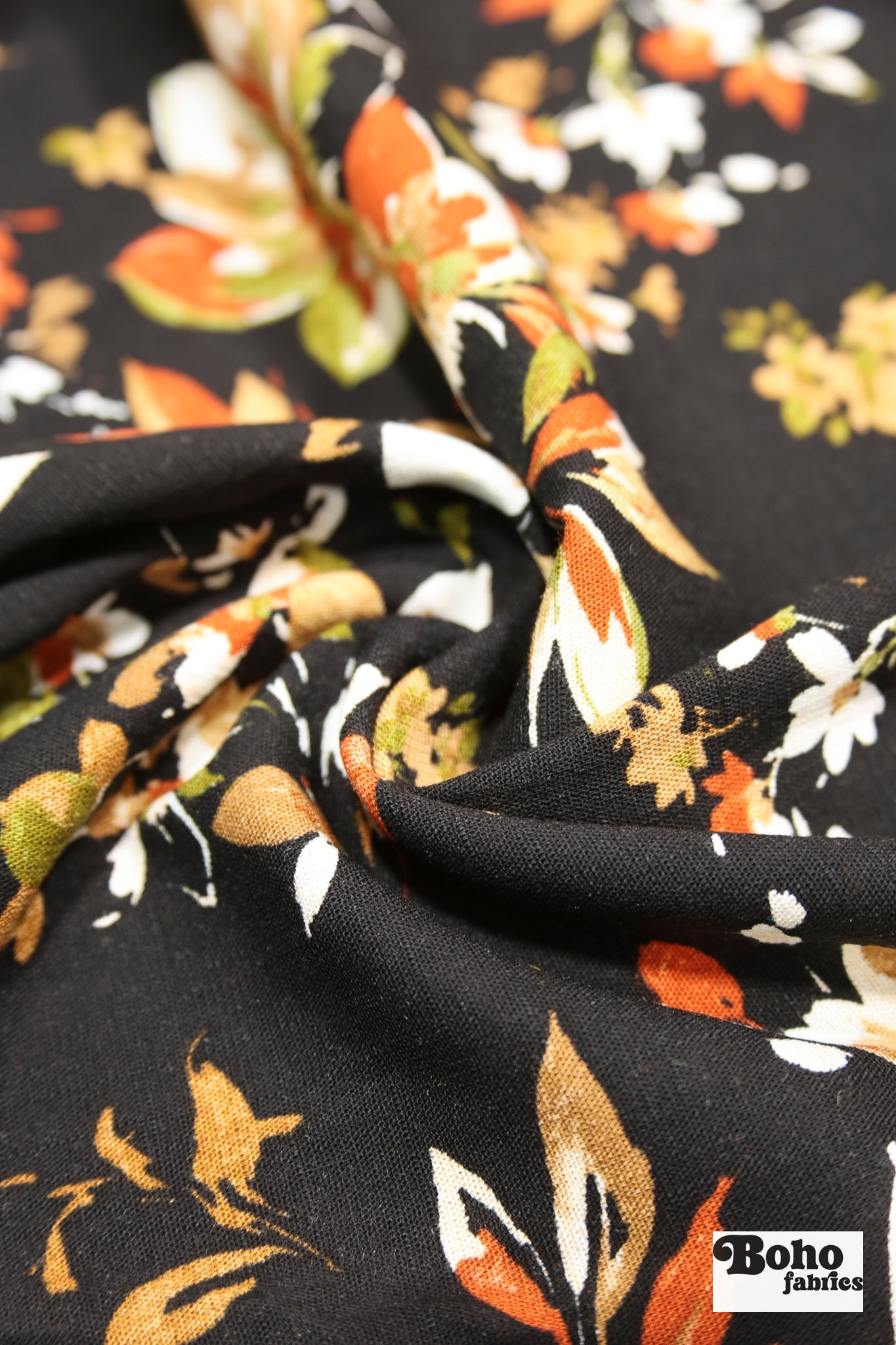 Canyon Garden in Black. Rayon Slub Stretch Woven Fabric - Linen Look. - Boho Fabrics - Stretch Woven Fabric