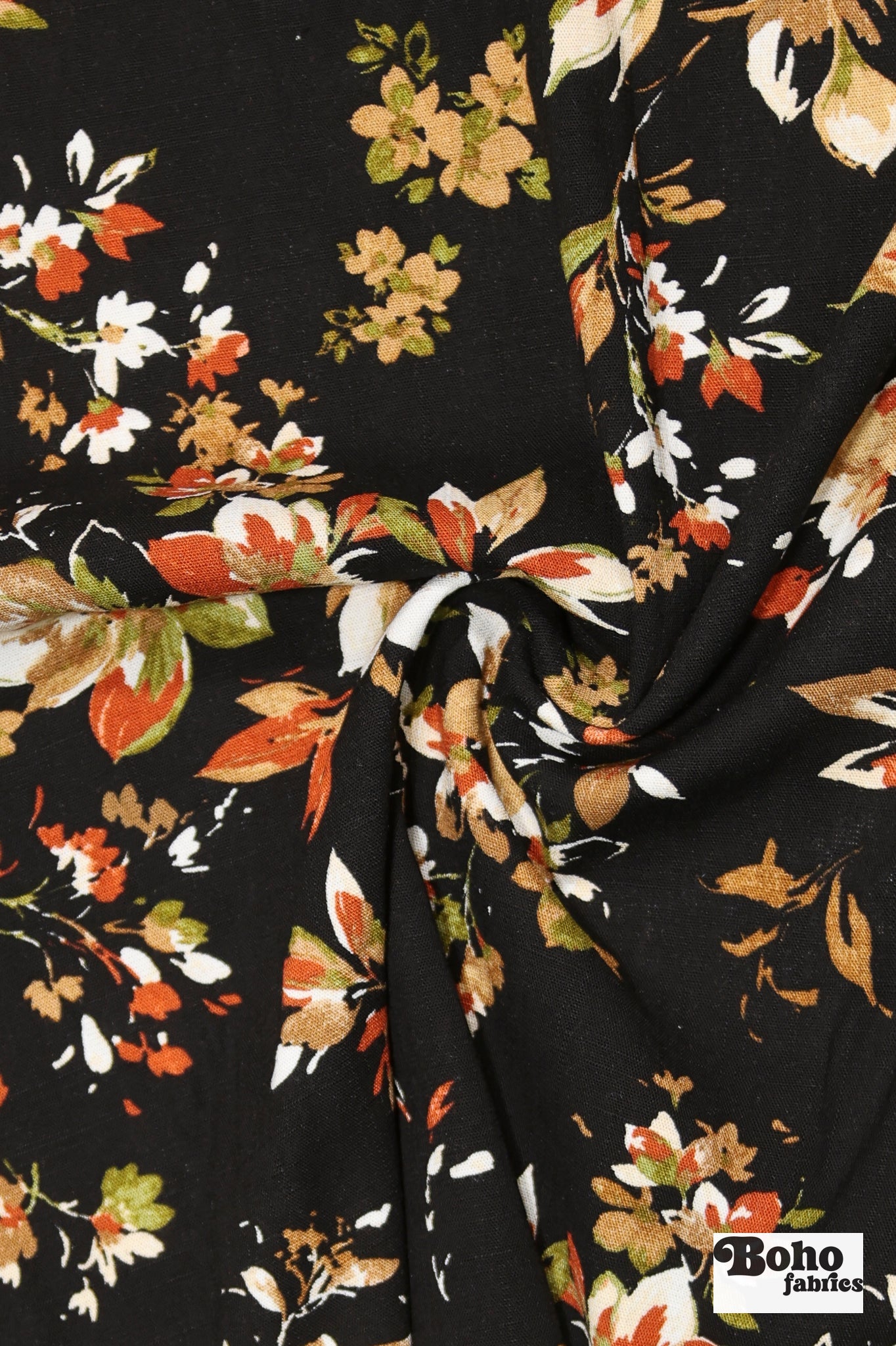 Canyon Garden in Black. Rayon Slub Stretch Woven Fabric - Linen Look. - Boho Fabrics - Stretch Woven Fabric