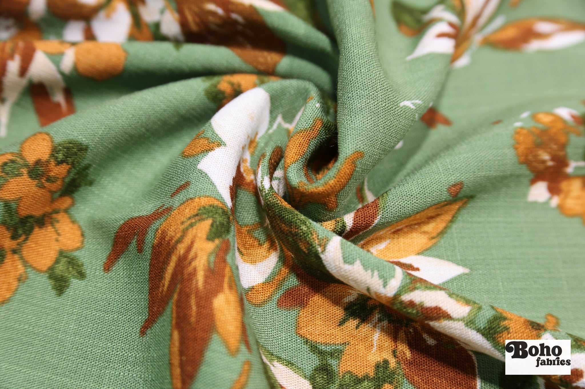 Canyon Garden in Green. Rayon Slub Stretch Woven Fabric - Linen Look. - Boho Fabrics - Stretch Woven Fabric