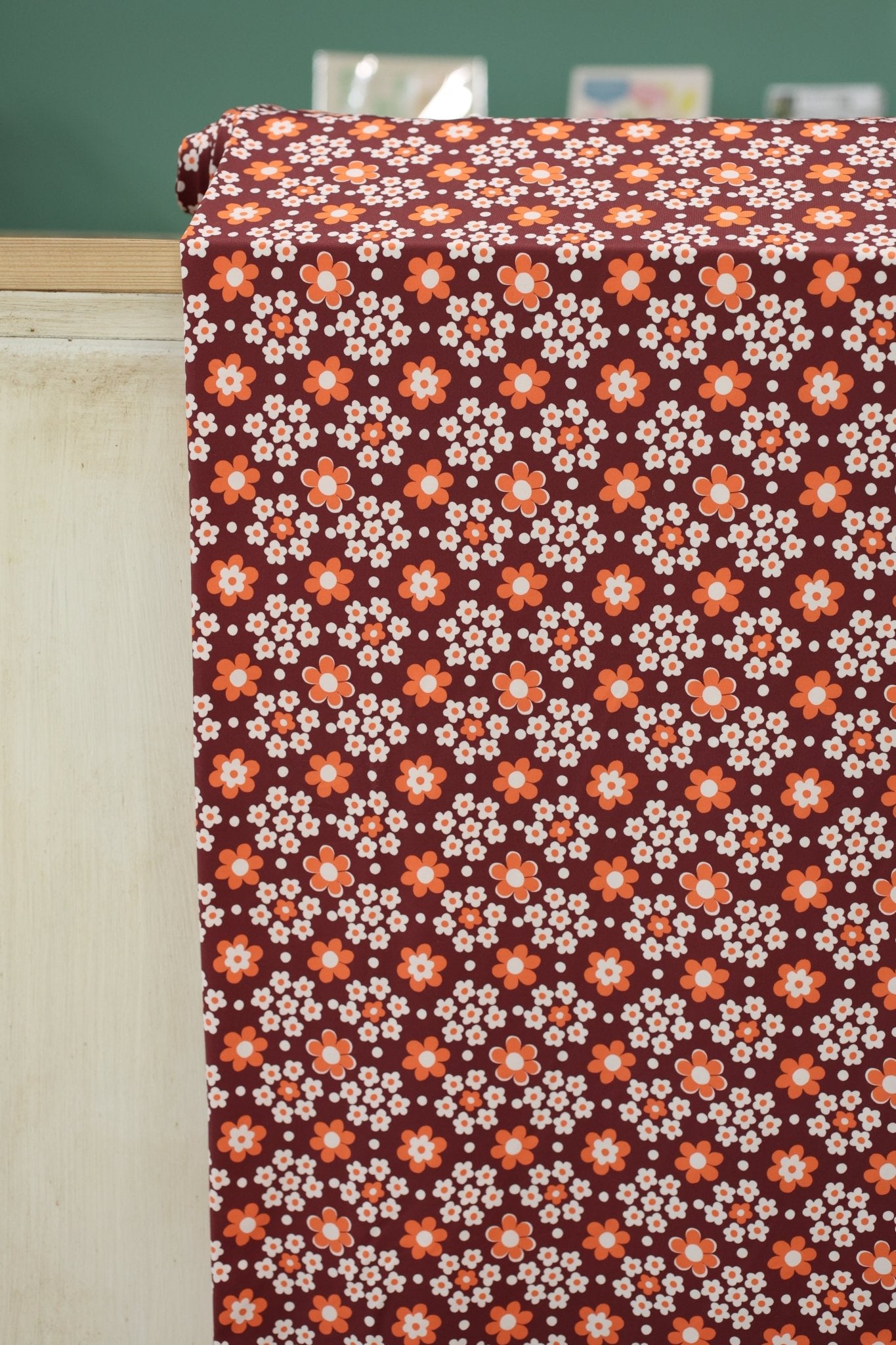 Carnaby Daisy in White & Orange on Brown, Athletic Knit Fabric (Small Flaw) - Boho Fabrics - Athletic Knit Fabric