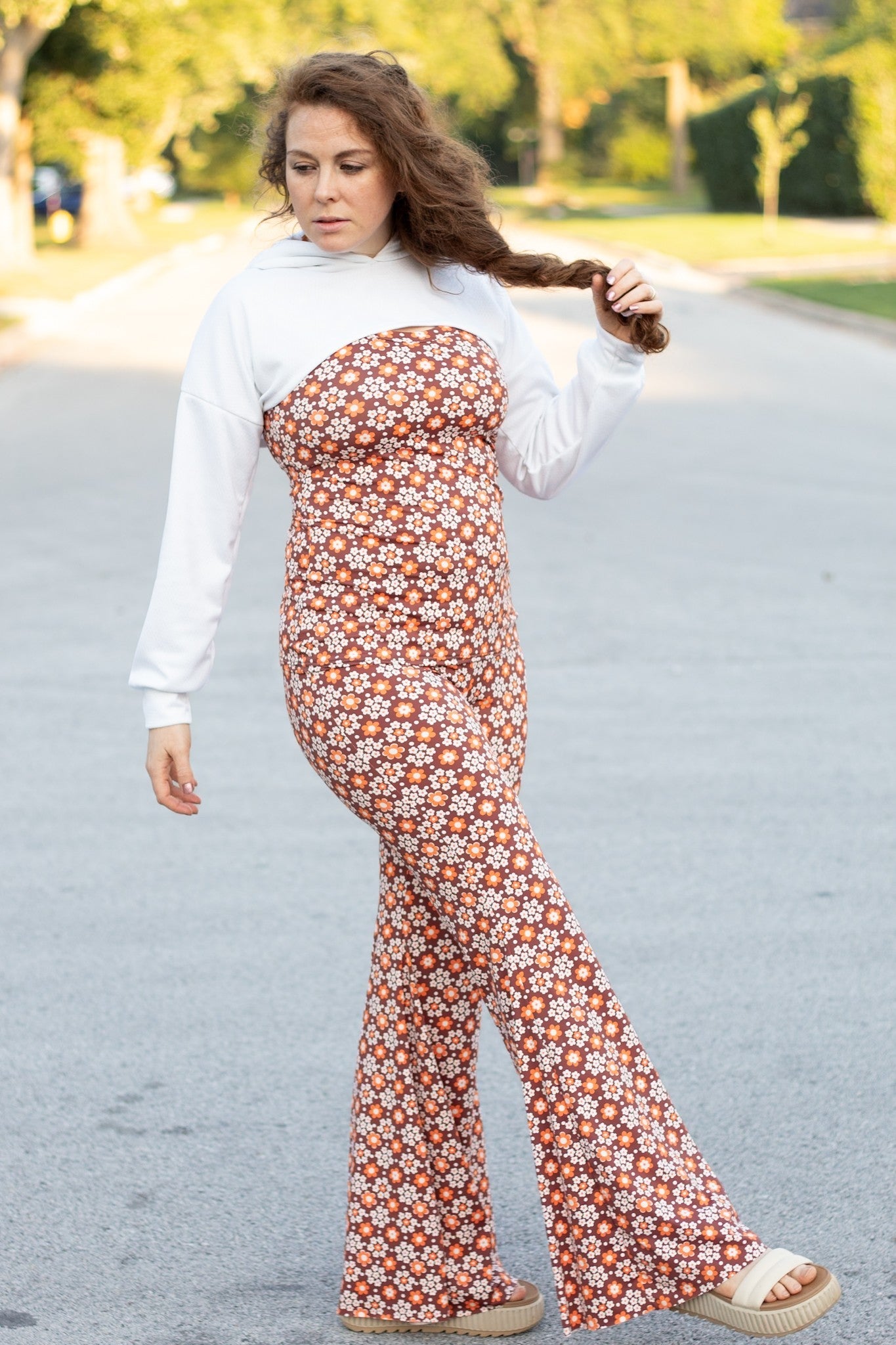 Carnaby Daisy in White & Orange on Brown, Athletic Knit Fabric (Small Flaw) - Boho Fabrics - Athletic Knit Fabric