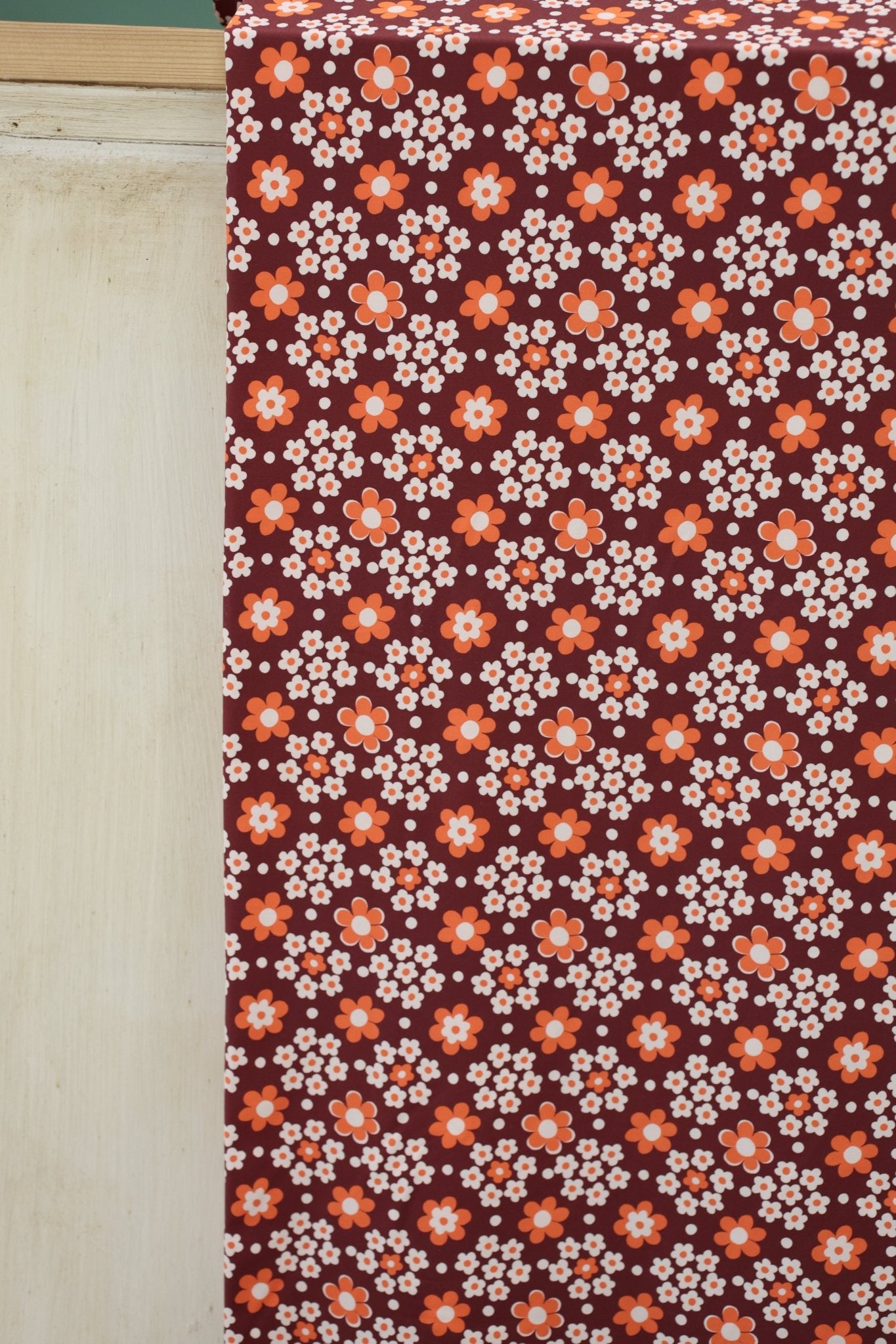 Carnaby Daisy in White & Orange on Brown, Athletic Knit Fabric (Small Flaw) - Boho Fabrics - Athletic Knit Fabric