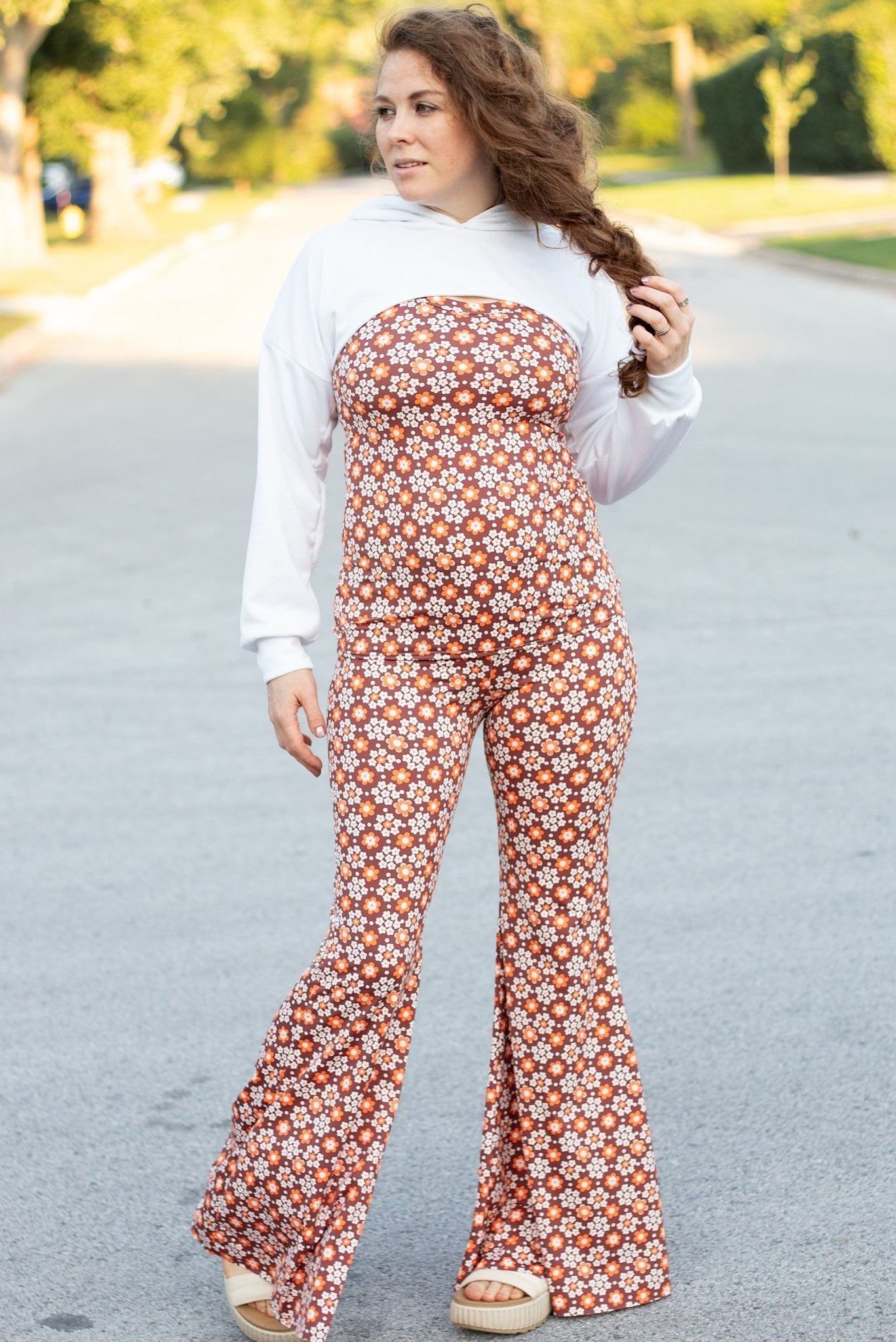 Carnaby Daisy in White & Orange on Brown, Athletic Knit Fabric (Small Flaw) - Boho Fabrics - Athletic Knit Fabric
