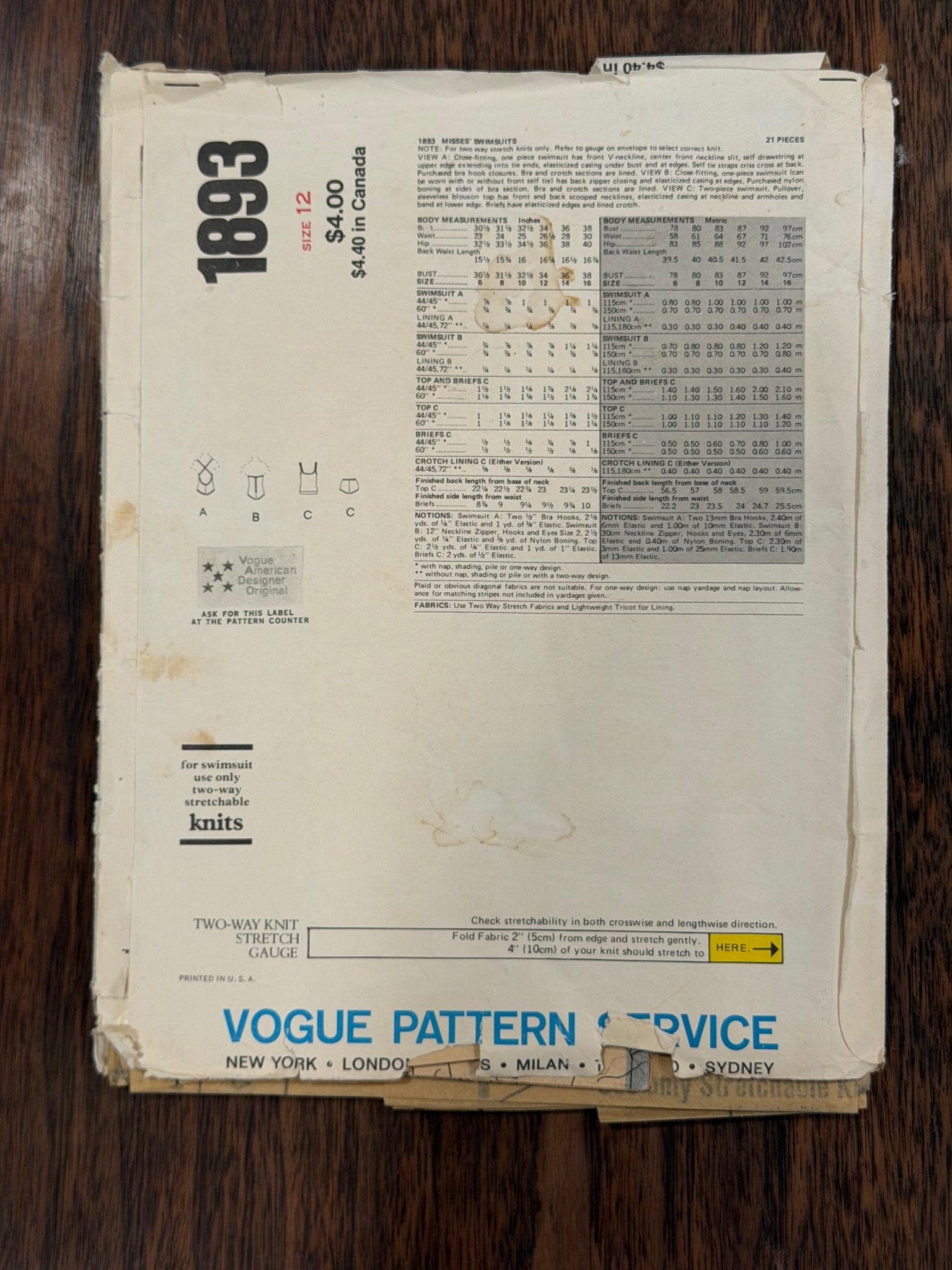 Catalina | Vogue American Designer Sewing Pattern #1893 — One-Piece & Two-Piece Swimsuits, Size 12, Vintage 1979 - Boho Fabrics - Sewing Patterns
