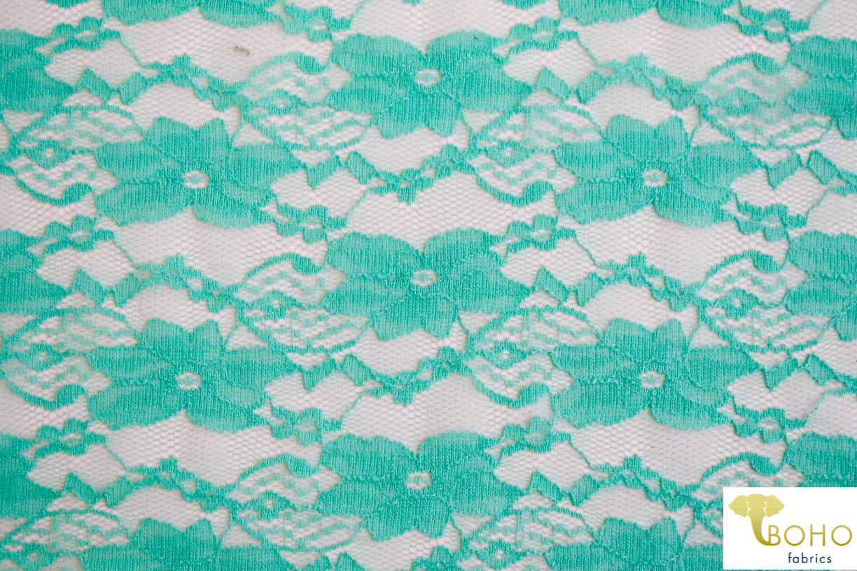 "Chain Flowers" in Aqua. Stretch Lace. SL-109-AQA. - Boho Fabrics