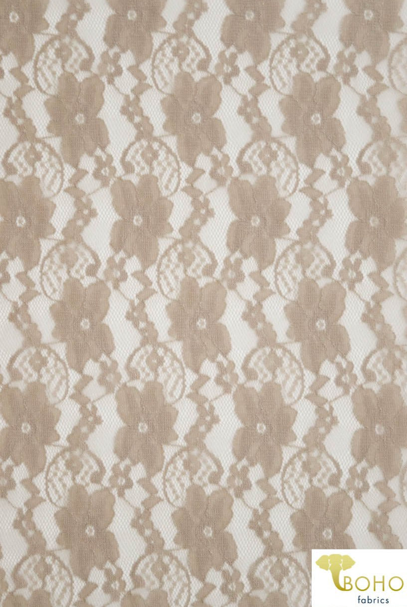 "Chain Flowers" in Beige. Stretch Lace. SL-109-BGE. - Boho Fabrics