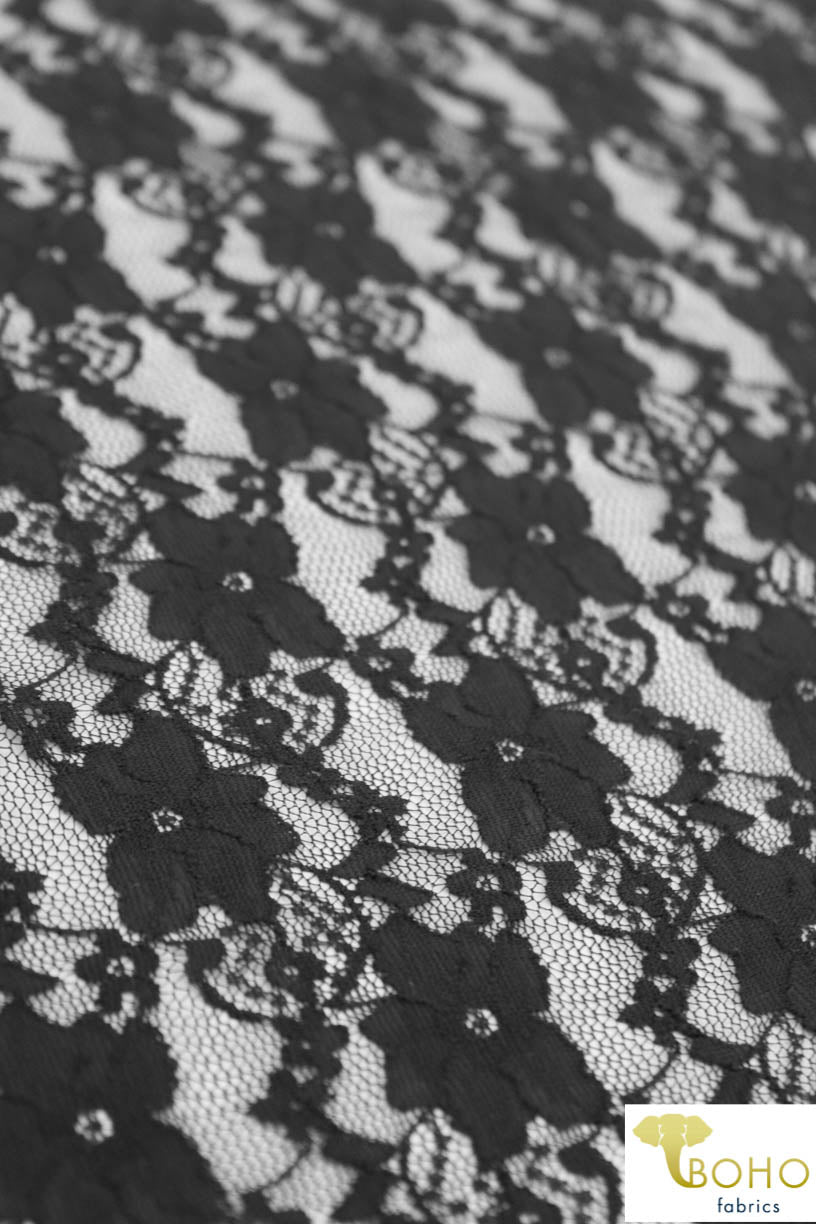 "Chain Flowers" in Black. Stretch Lace. SL-109-BLK. - Boho Fabrics