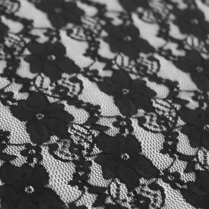 "Chain Flowers" in Black. Stretch Lace. SL-109-BLK. - Boho Fabrics