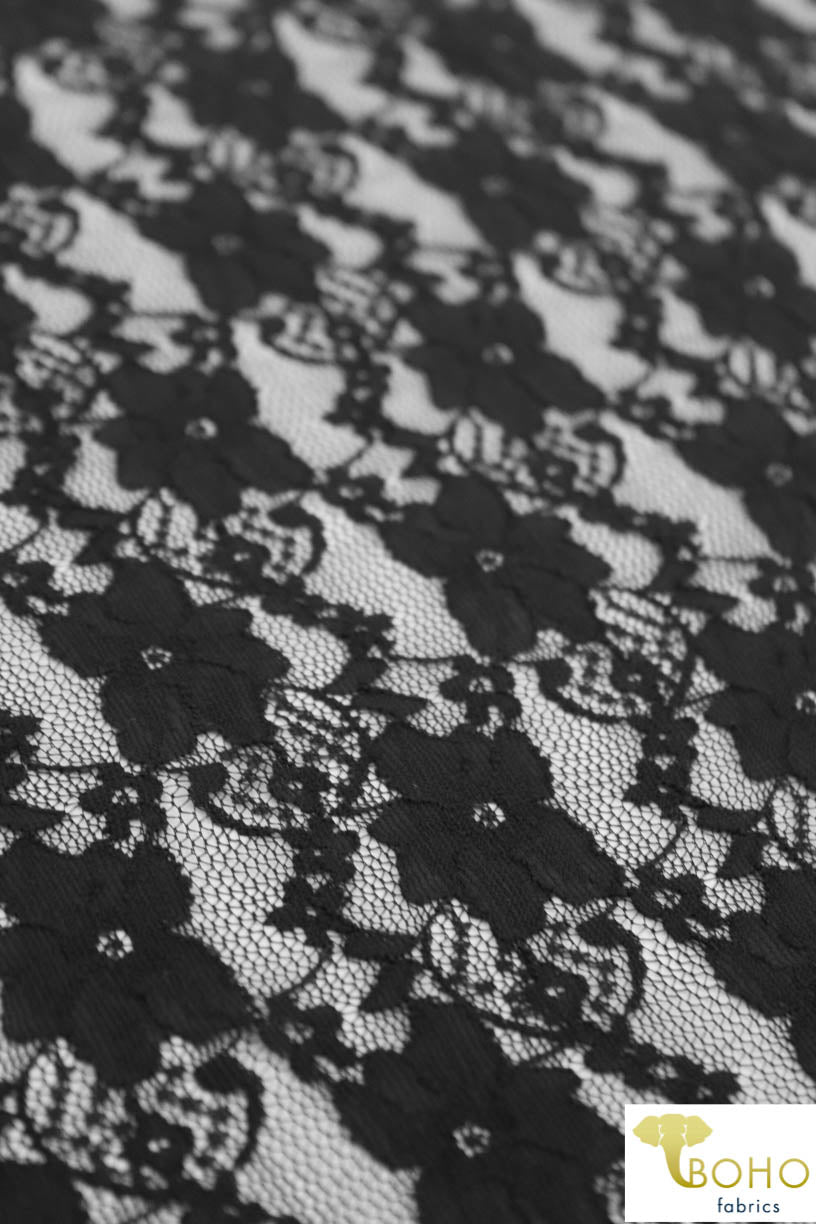 "Chain Flowers" in Black. Stretch Lace. SL-109-BLK. - Boho Fabrics
