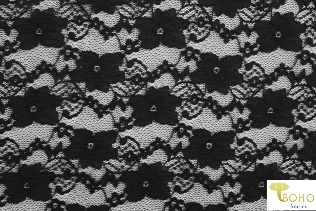 "Chain Flowers" in Black. Stretch Lace. SL-109-BLK. - Boho Fabrics
