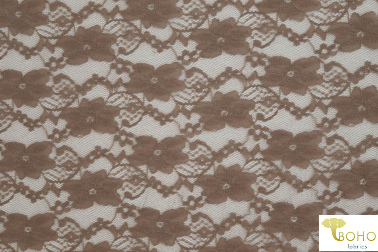 "Chain Flowers" in Brown. Stretch Lace. SL-109-BRWN. - Boho Fabrics