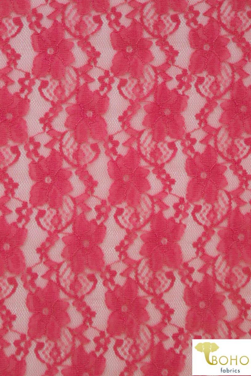 "Chain Flowers" in Flamingo. Stretch Lace. SL-109-PNK. - Boho Fabrics