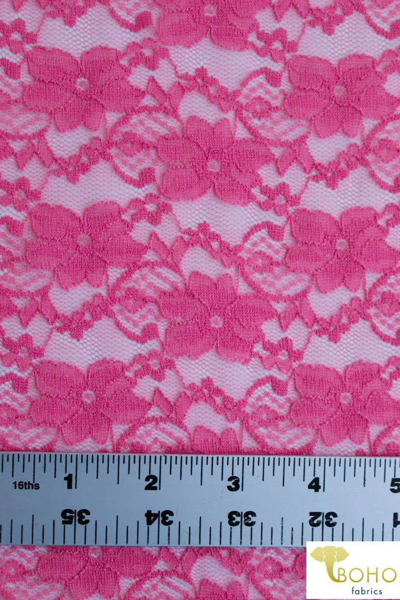 "Chain Flowers" in Hot Pink. Stretch Lace. SL-109-HP. - Boho Fabrics