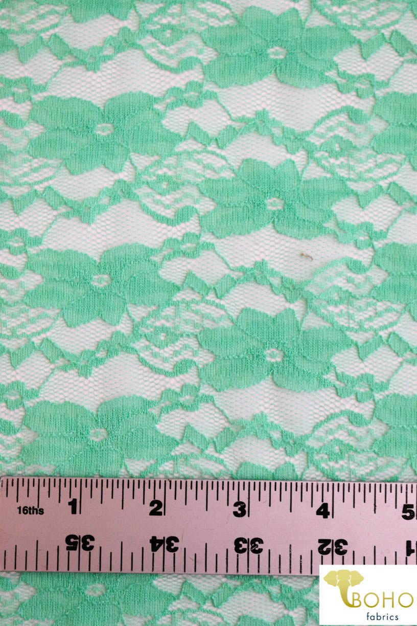 "Chain Flowers" in Icy Mint. Stretch Lace. SL-109-MNT. - Boho Fabrics