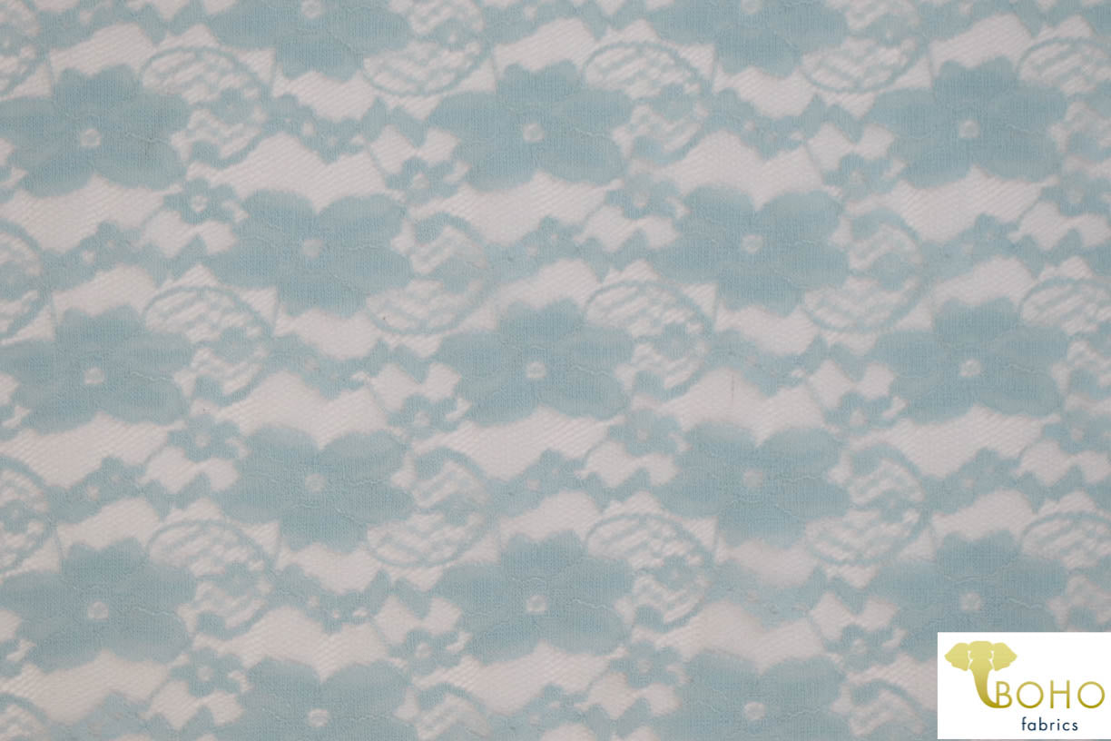 "Chain Flowers" in Light Blue. Stretch Lace. SL-109-BLU. - Boho Fabrics