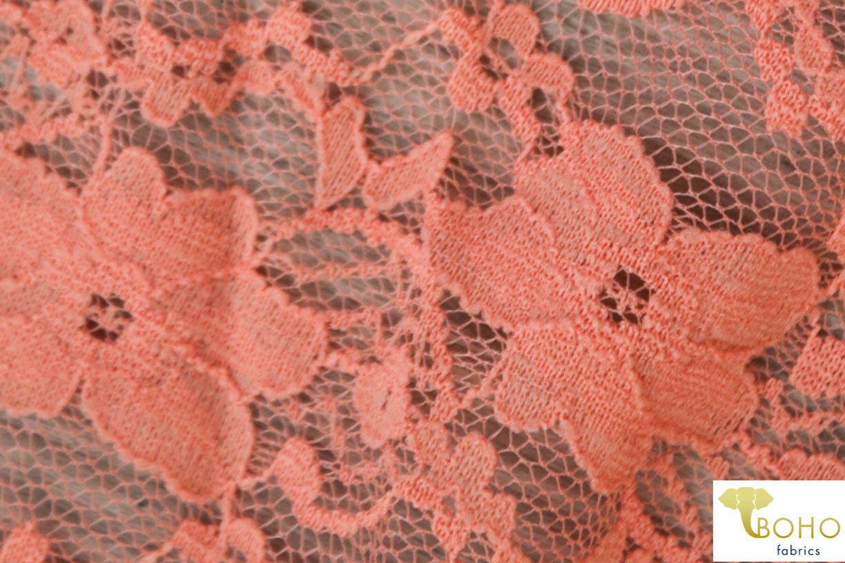 "Chain Flowers" in Peach. Stretch Lace. SL-109-PCH. - Boho Fabrics