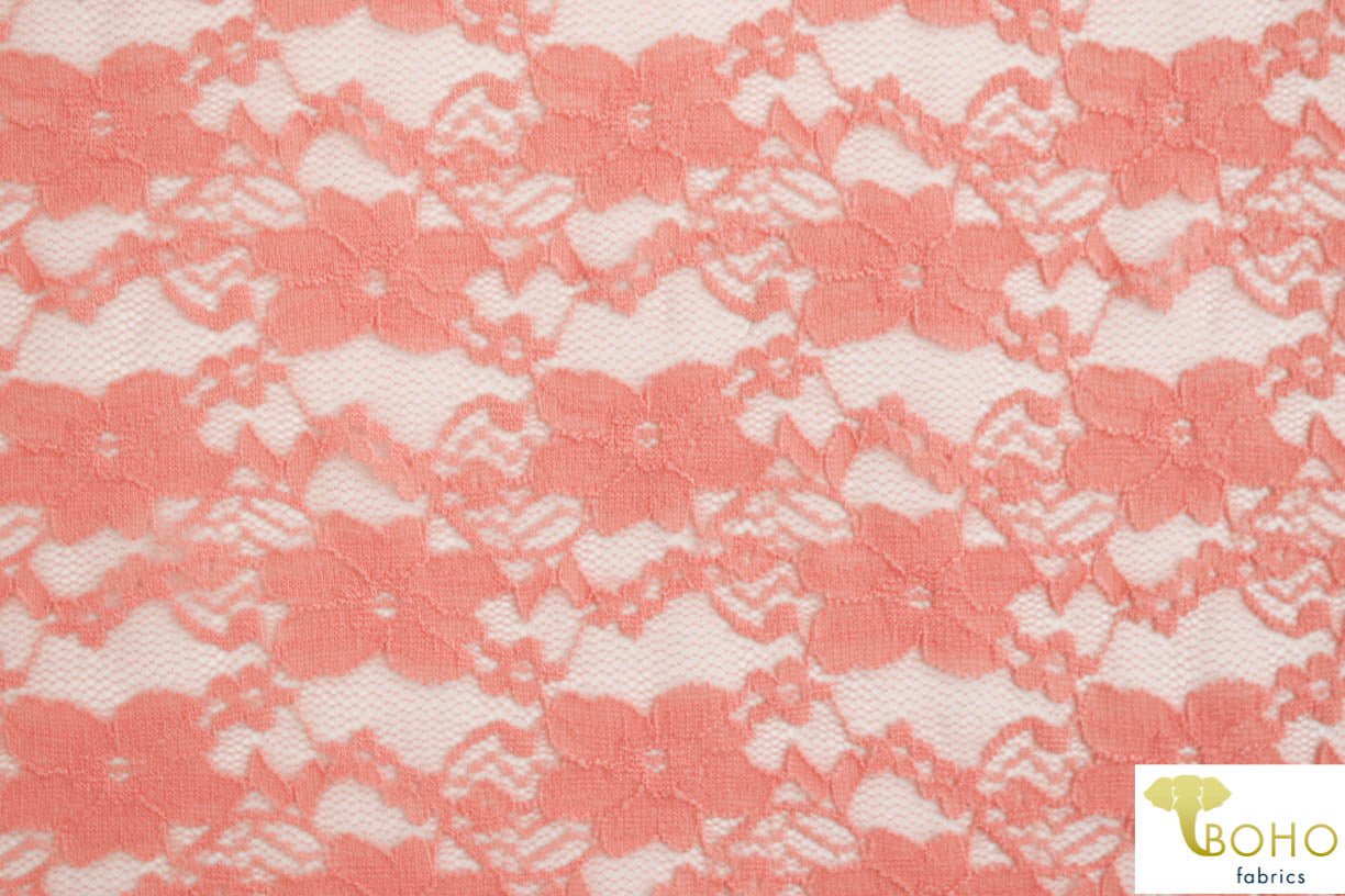 "Chain Flowers" in Peach. Stretch Lace. SL-109-PCH. - Boho Fabrics