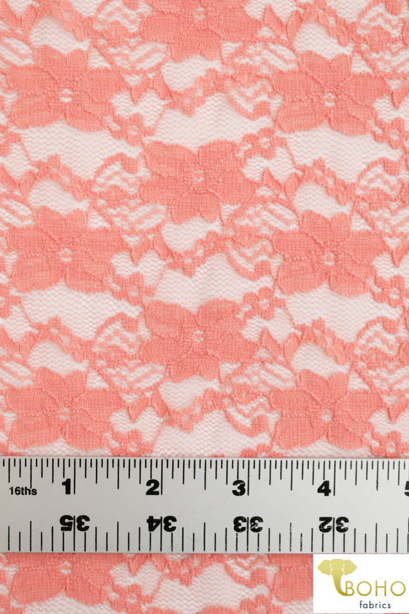 "Chain Flowers" in Peach. Stretch Lace. SL-109-PCH. - Boho Fabrics