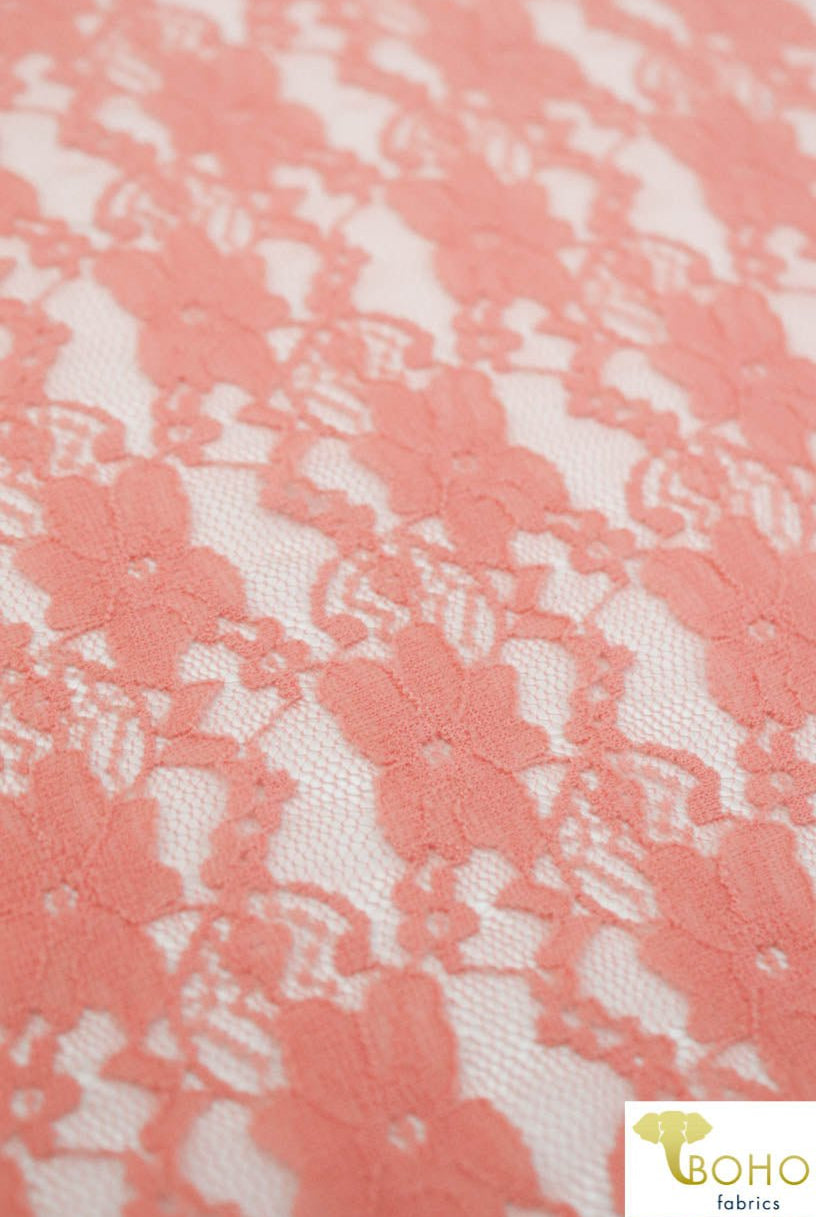 "Chain Flowers" in Peach. Stretch Lace. SL-109-PCH. - Boho Fabrics