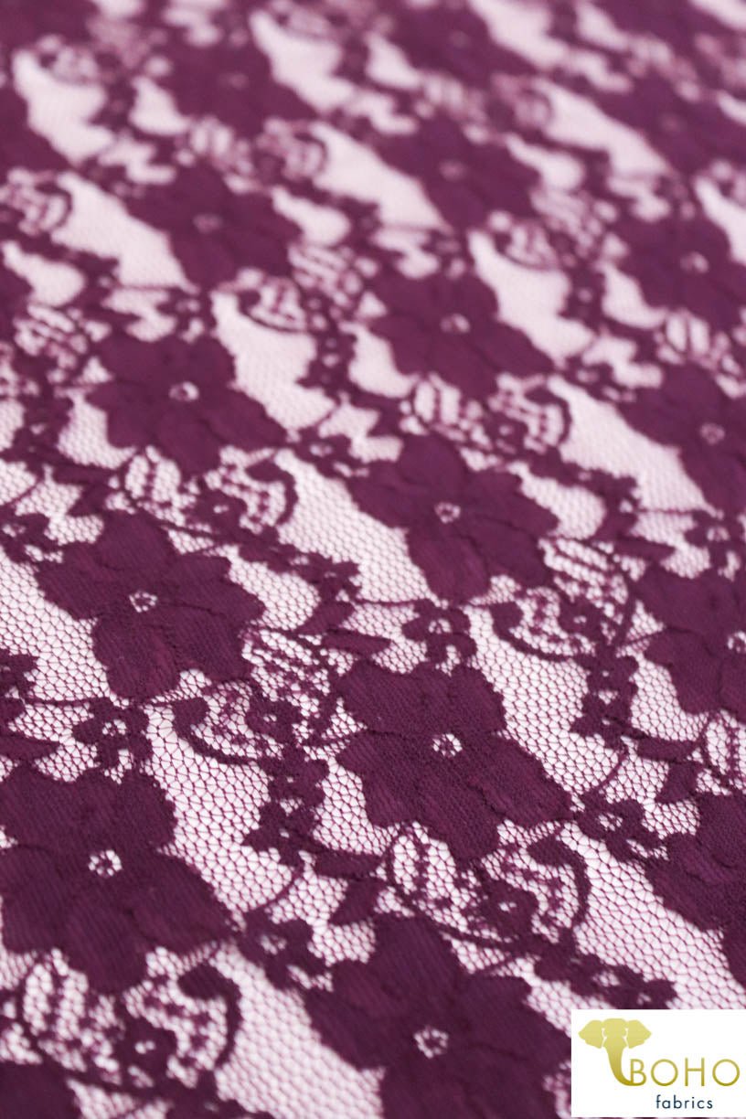 "Chain Flowers" in Plum Purple. Stretch Lace. SL-109-PURP. - Boho Fabrics
