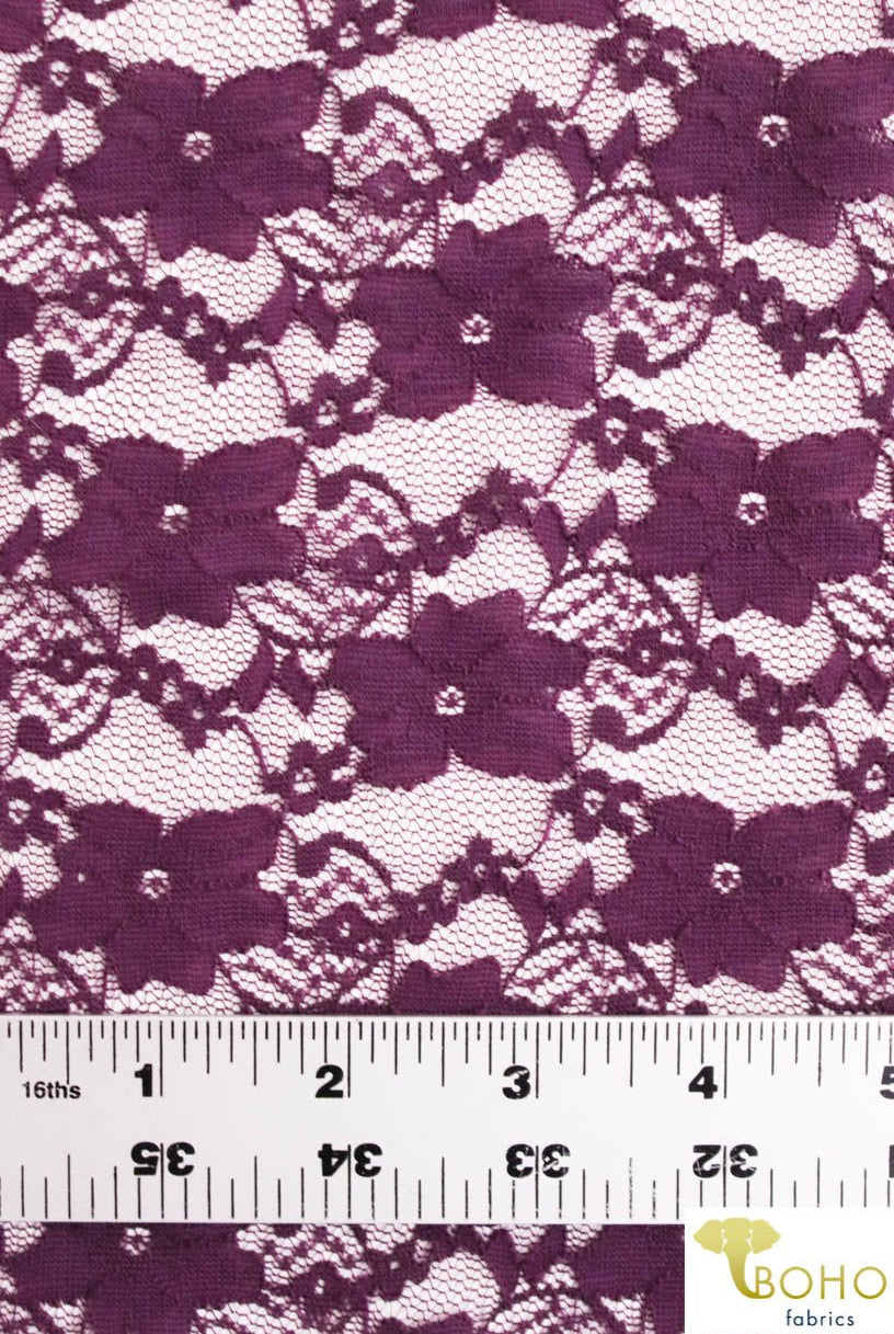 "Chain Flowers" in Plum Purple. Stretch Lace. SL-109-PURP. - Boho Fabrics