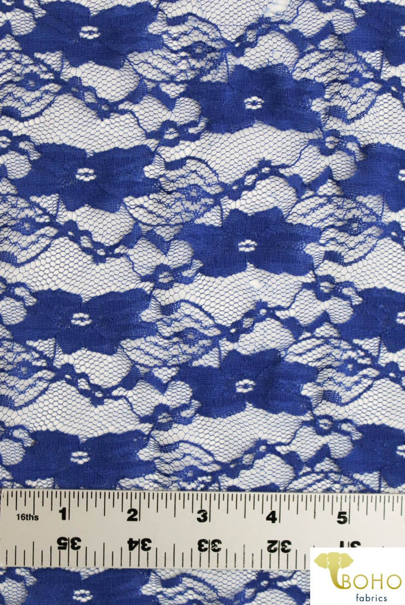 "Chain Flowers" in Royal Blue. Stretch Lace. SL-109-RYLB. - Boho Fabrics