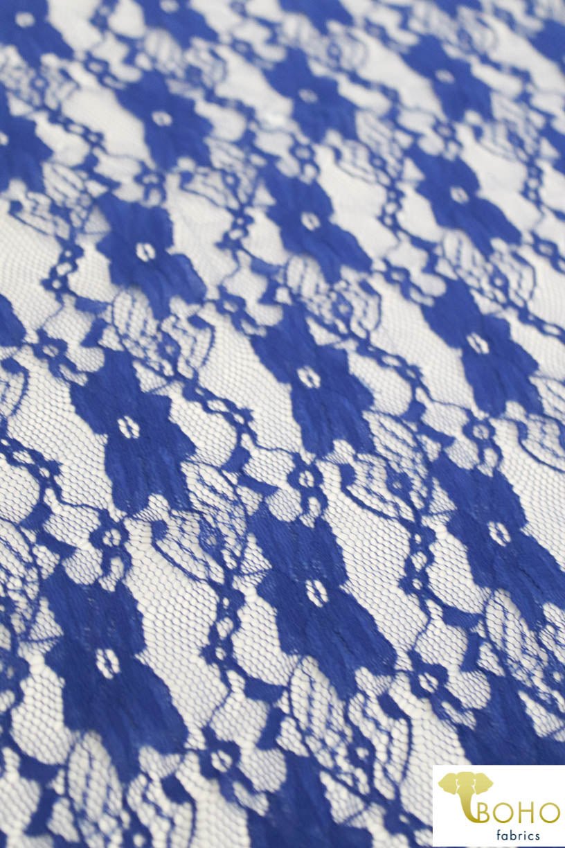 "Chain Flowers" in Royal Blue. Stretch Lace. SL-109-RYLB. - Boho Fabrics