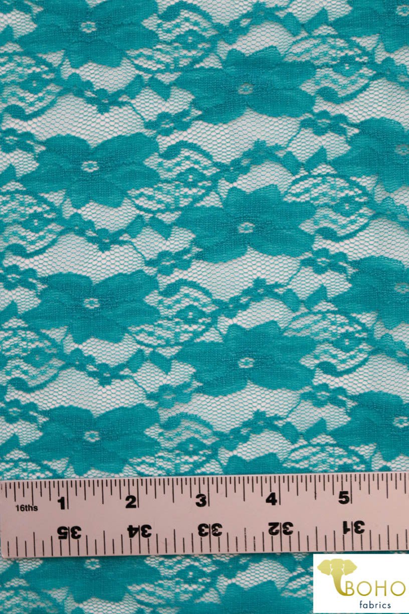 "Chain Flowers" in Teal. Stretch Lace. SL-109-TEAL. - Boho Fabrics