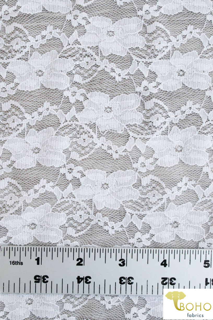 "Chain Flowers" in White. Stretch Lace. SL-109-WHT. - Boho Fabrics