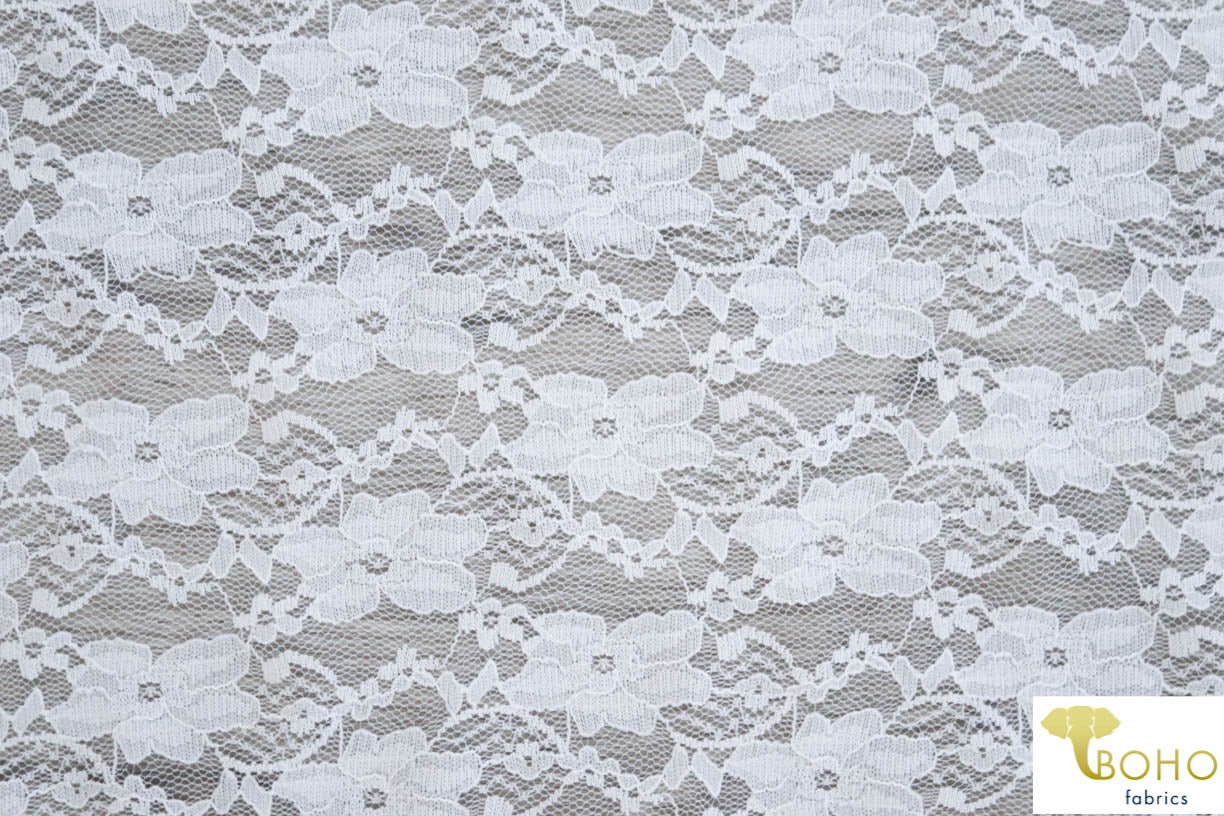 "Chain Flowers" in White. Stretch Lace. SL-109-WHT. - Boho Fabrics