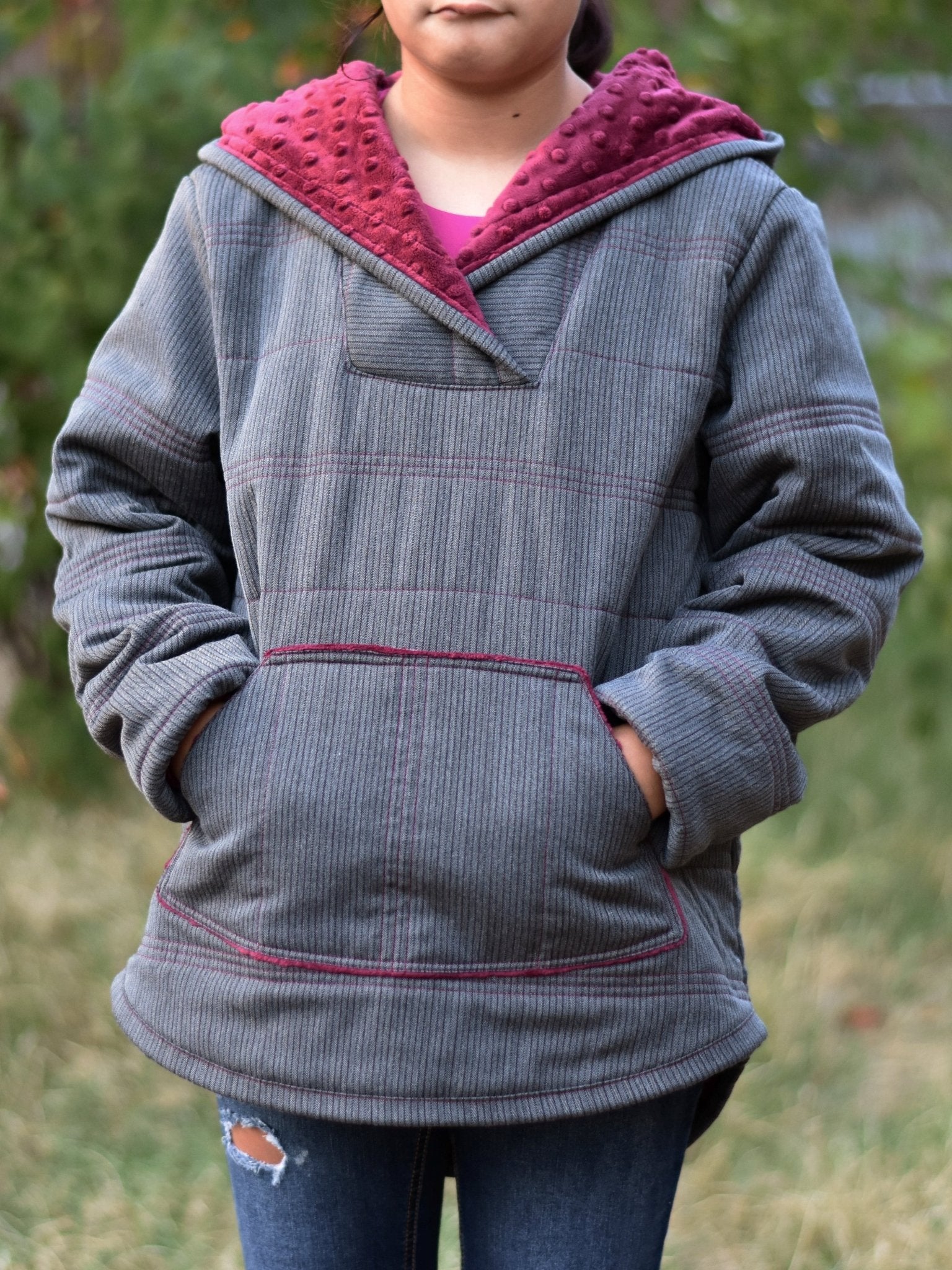 Charcoal & Maroon Herringbone, Suiting Fabric - Boho Fabrics - Suiting, Woven Fabric