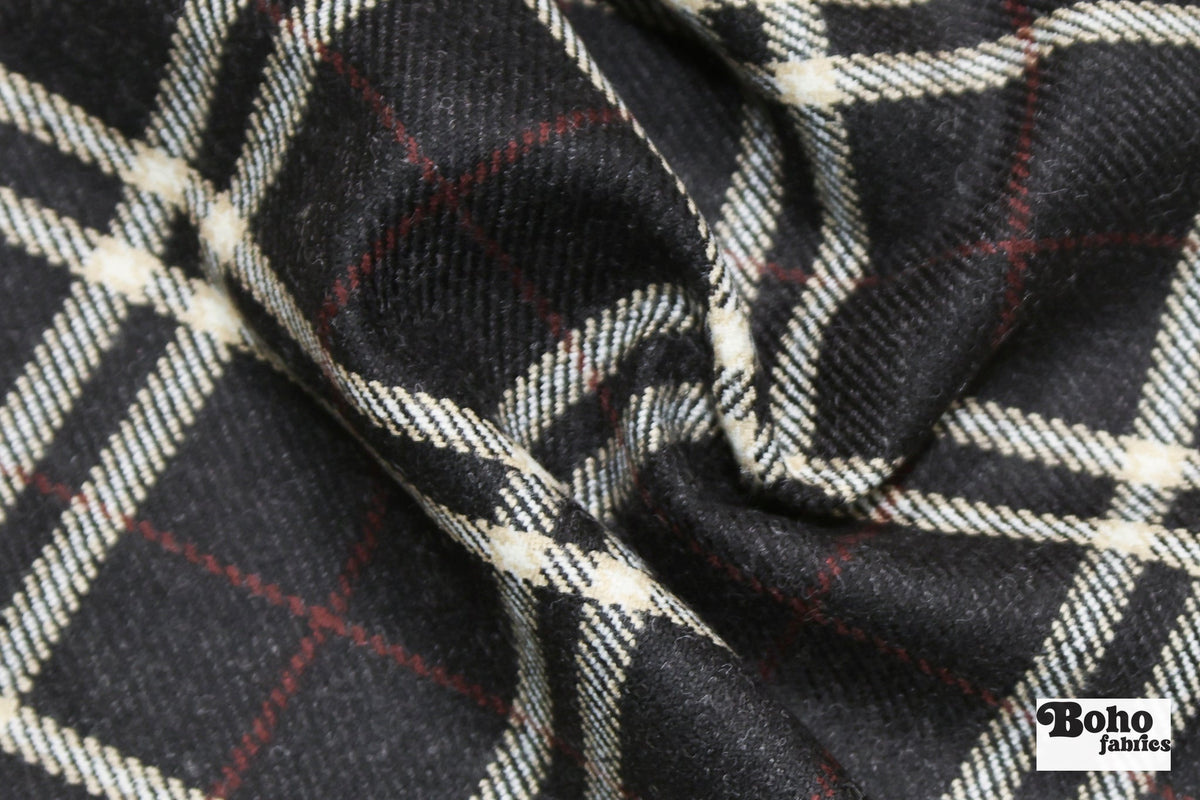 Charcoal Syrah Tartan Plaid Wool Woven Fabric - Boho Fabrics - Wool Coating, Woven
