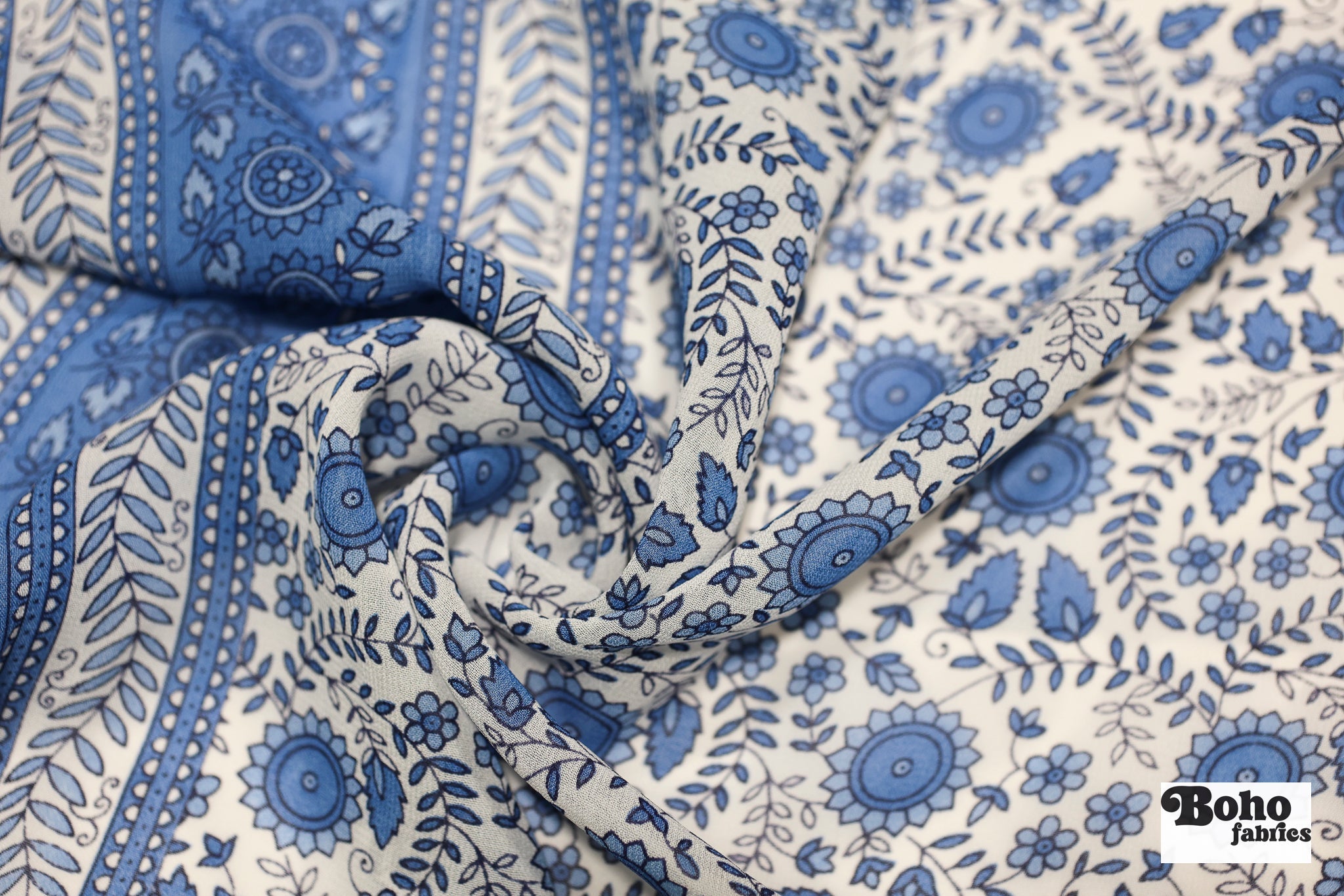 Charming Blue Botanical Silk Fabric Pre - Cuts - Boho Fabrics - Woven Fabric