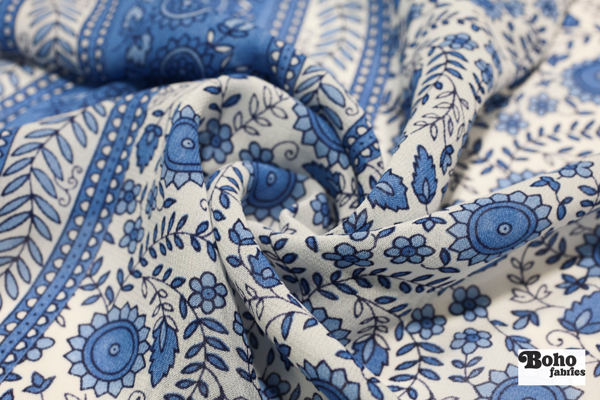 Charming Blue Botanical Silk Fabric Pre - Cuts - Boho Fabrics - Woven Fabric