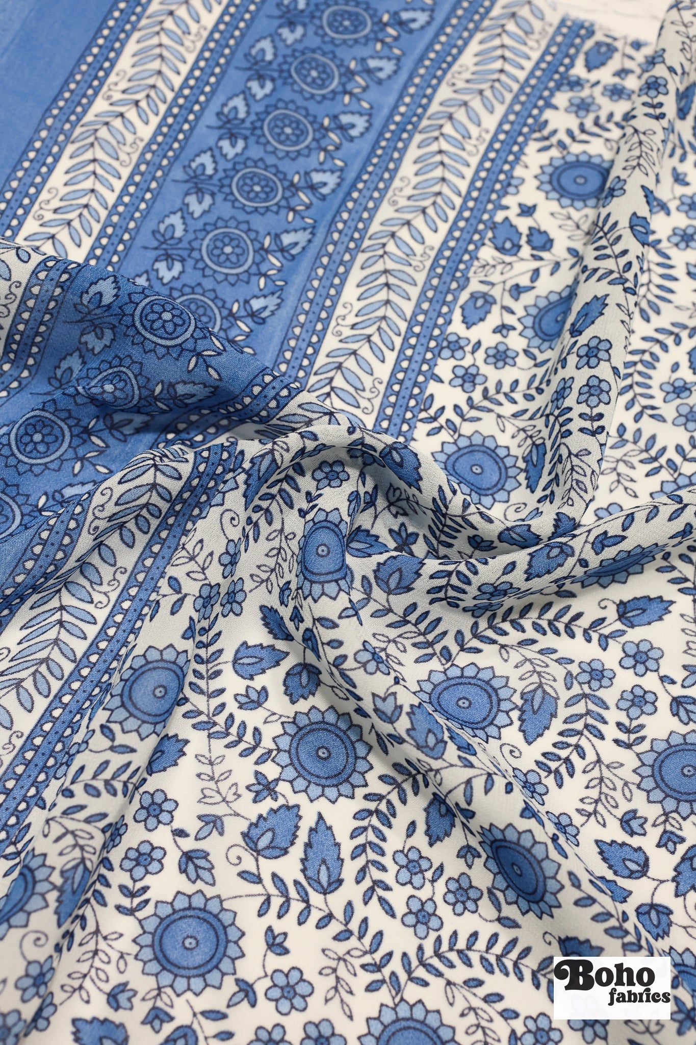 Charming Blue Botanical Silk Fabric Pre - Cuts - Boho Fabrics - Woven Fabric