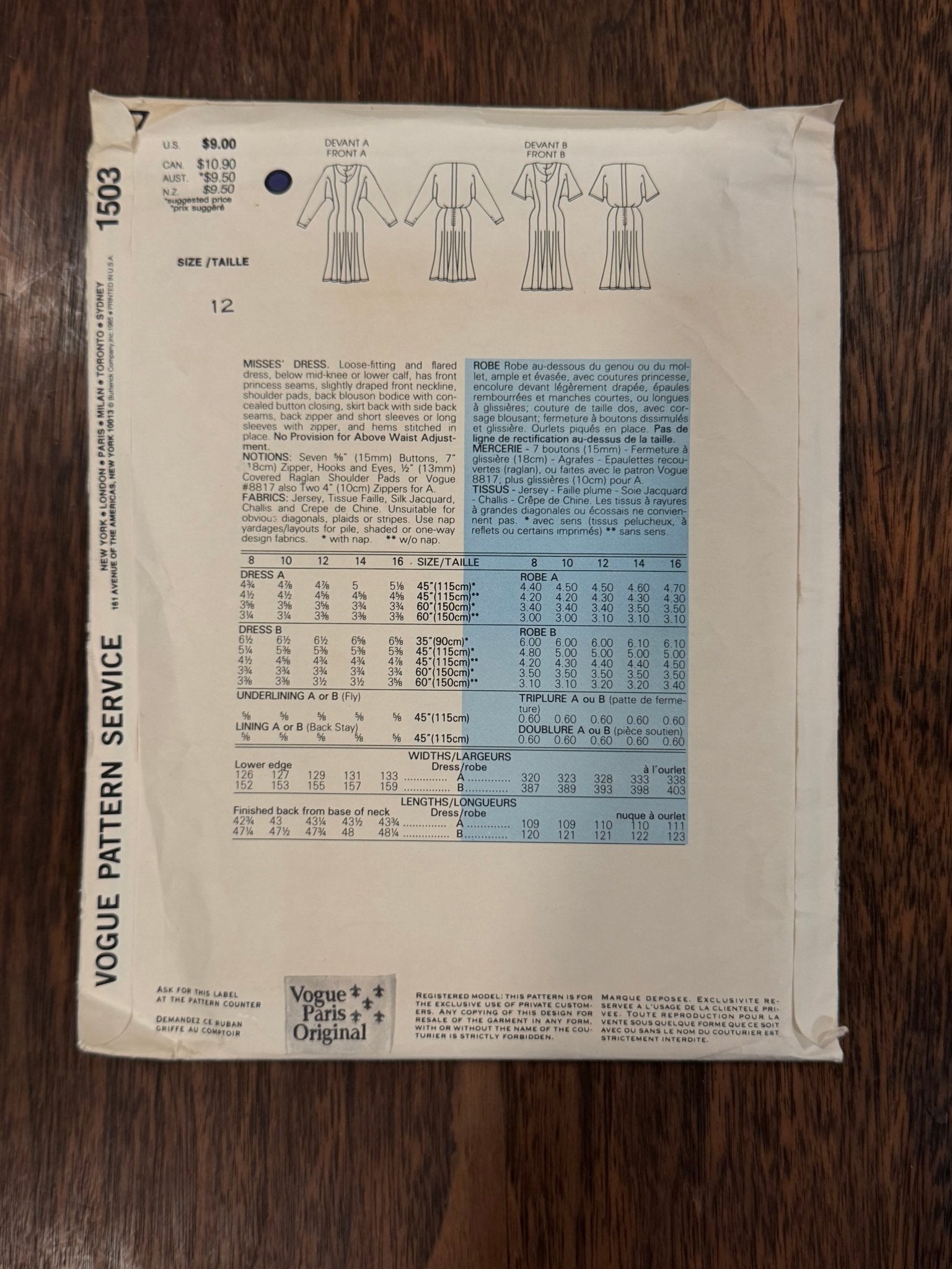 Chloé | Vogue Paris Original Sewing Pattern #1503 — Flared Dress with Draped Neckline & Blouson Back, Size 12, Vintage 1985 - Boho Fabrics - Sewing Patterns