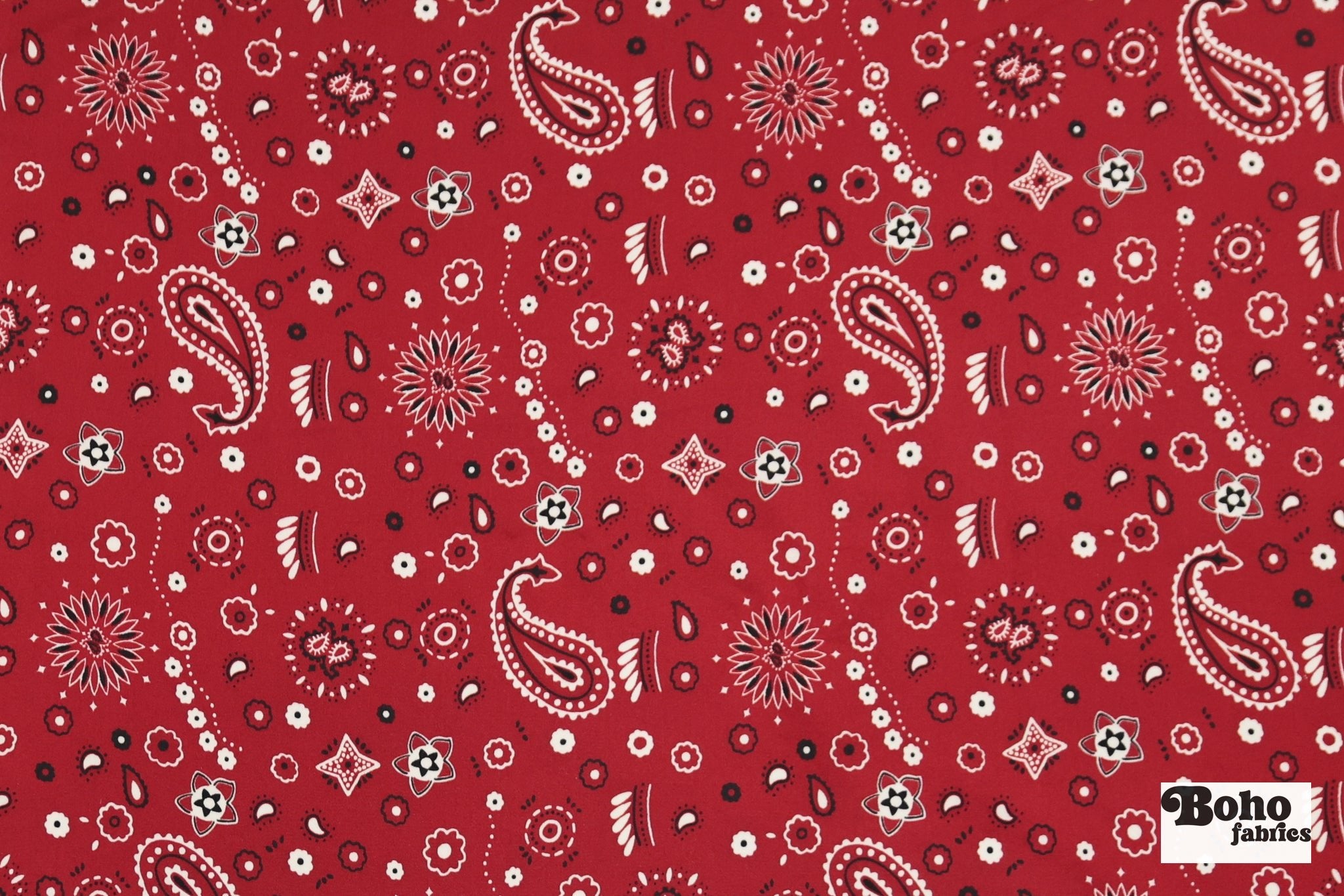 Classic Red, Black, and White Bandana Paisley Rayon Challis Woven Fabric - Boho Fabrics - Crepe, Woven