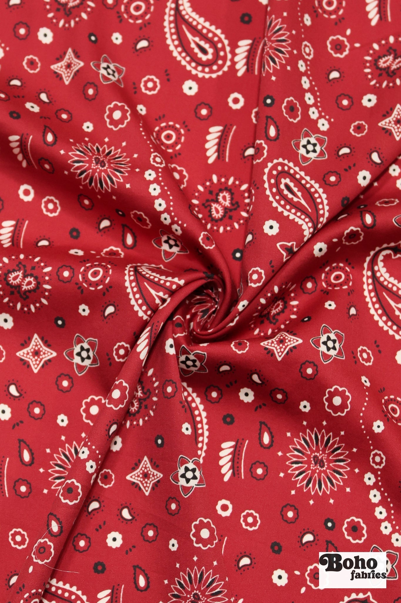 Classic Red, Black, and White Bandana Paisley Rayon Challis Woven Fabric - Boho Fabrics - Crepe, Woven