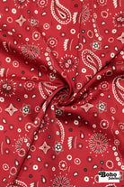 Classic Red, Black, and White Bandana Paisley Rayon Challis Woven Fabric - Boho Fabrics - Crepe, Woven
