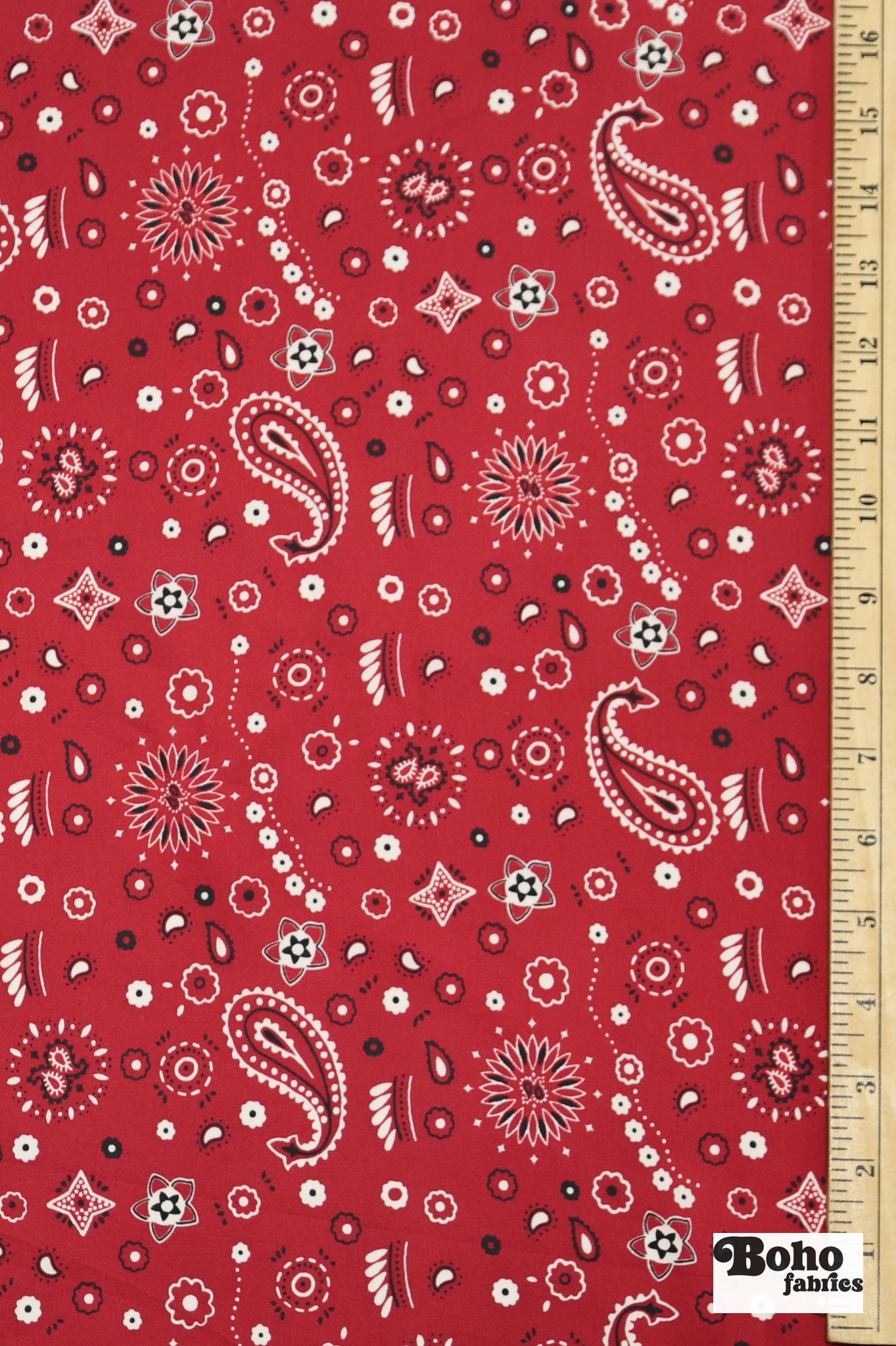 Classic Red, Black, and White Bandana Paisley Rayon Challis Woven Fabric - Boho Fabrics - Crepe, Woven