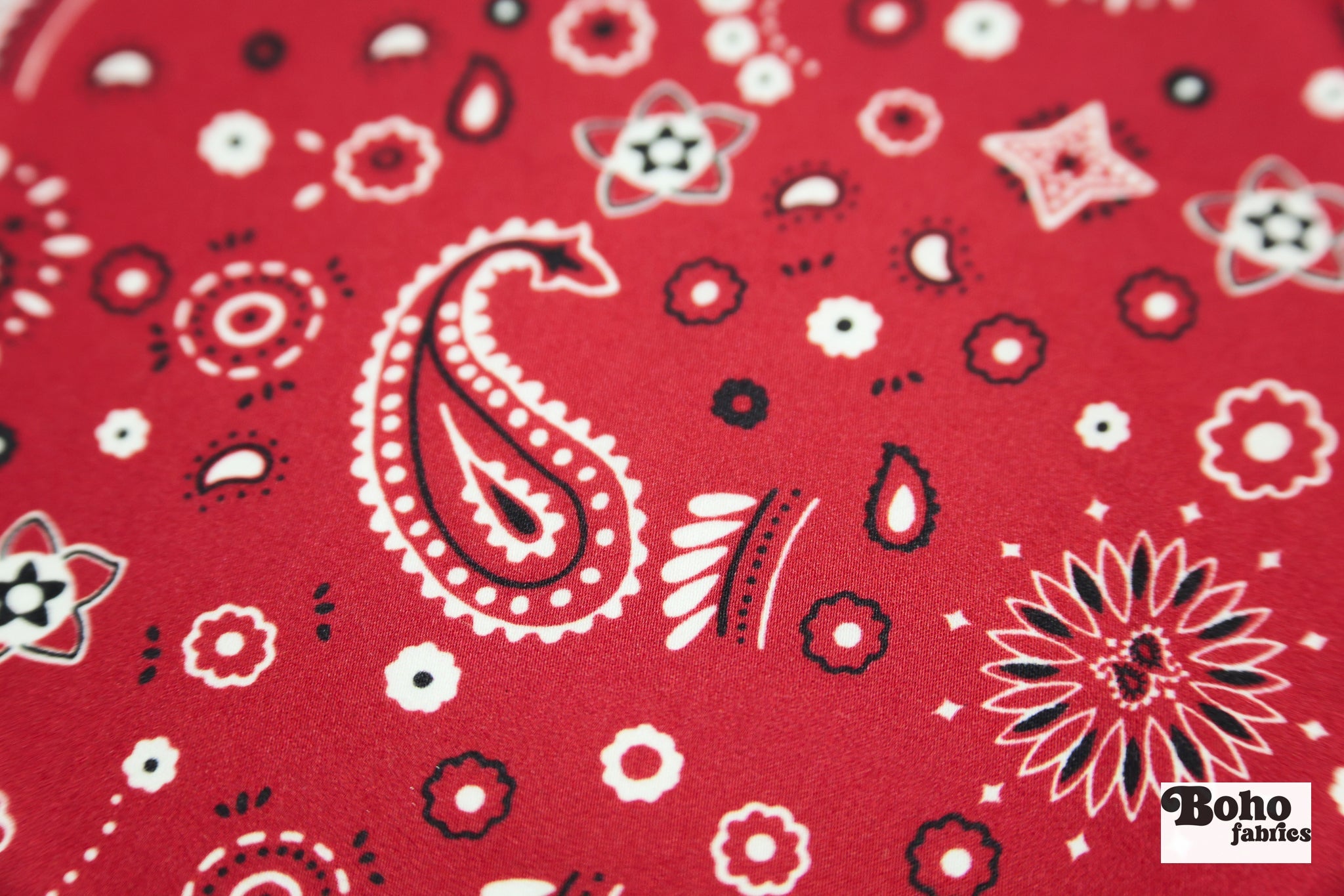 Classic Red, Black, and White Bandana Paisley Rayon Challis Woven Fabric - Boho Fabrics - Crepe, Woven