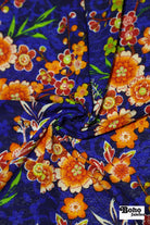 Cobalt Blue with Orange Blossoms, Shirred Knit Fabric - Boho Fabrics - Knit Fabric