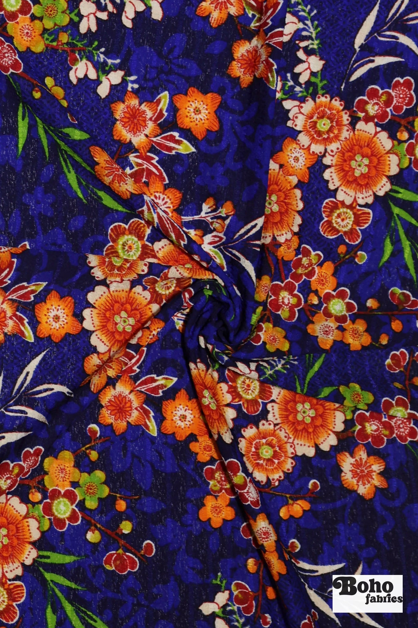 Cobalt Blue with Orange Blossoms, Shirred Knit Fabric - Boho Fabrics - Knit Fabric