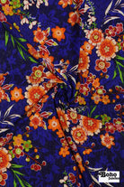 Cobalt Blue with Orange Blossoms, Shirred Knit Fabric - Boho Fabrics - Knit Fabric